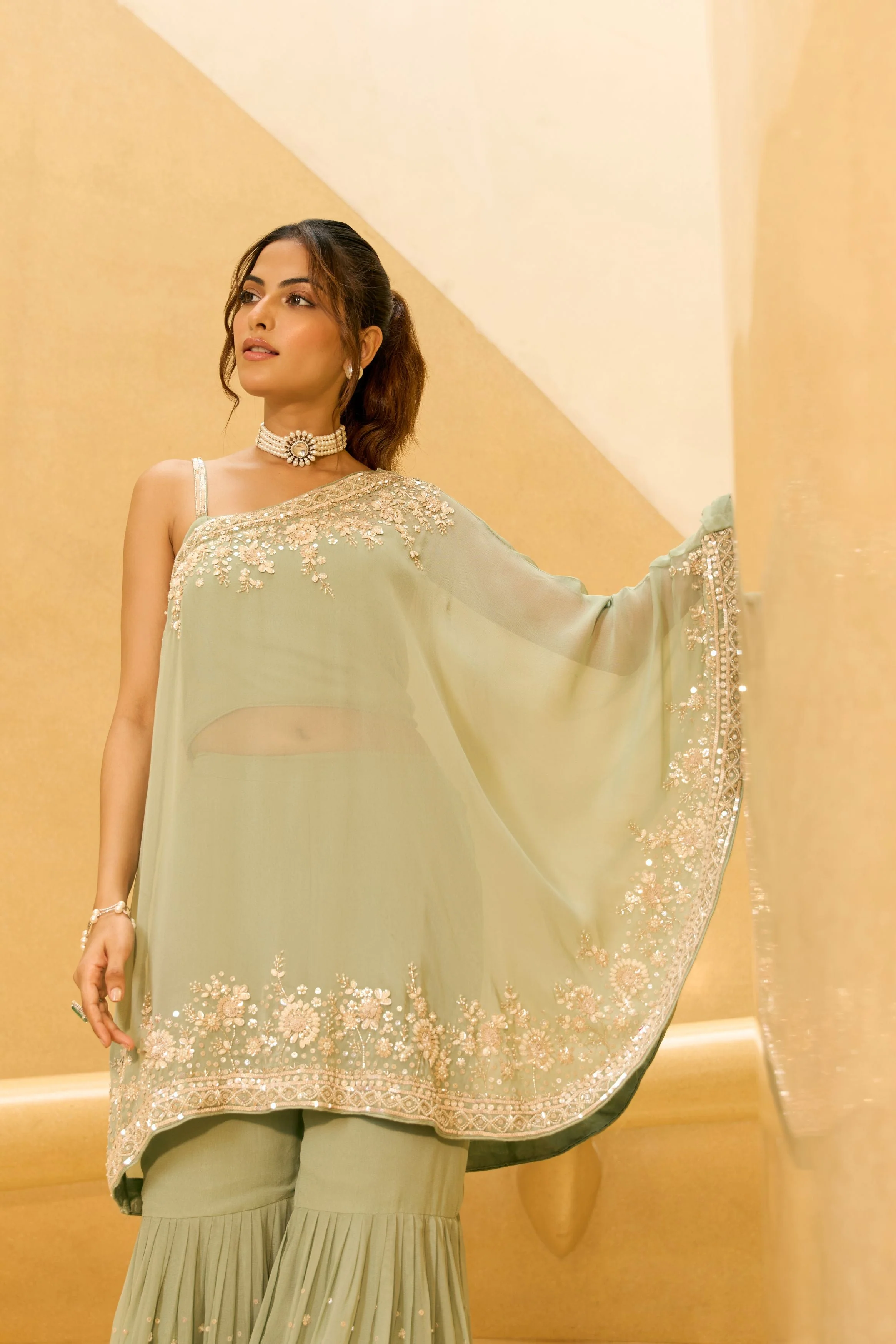 Pastel Green Embellished Georgette Silk Sharara Set - Image 2