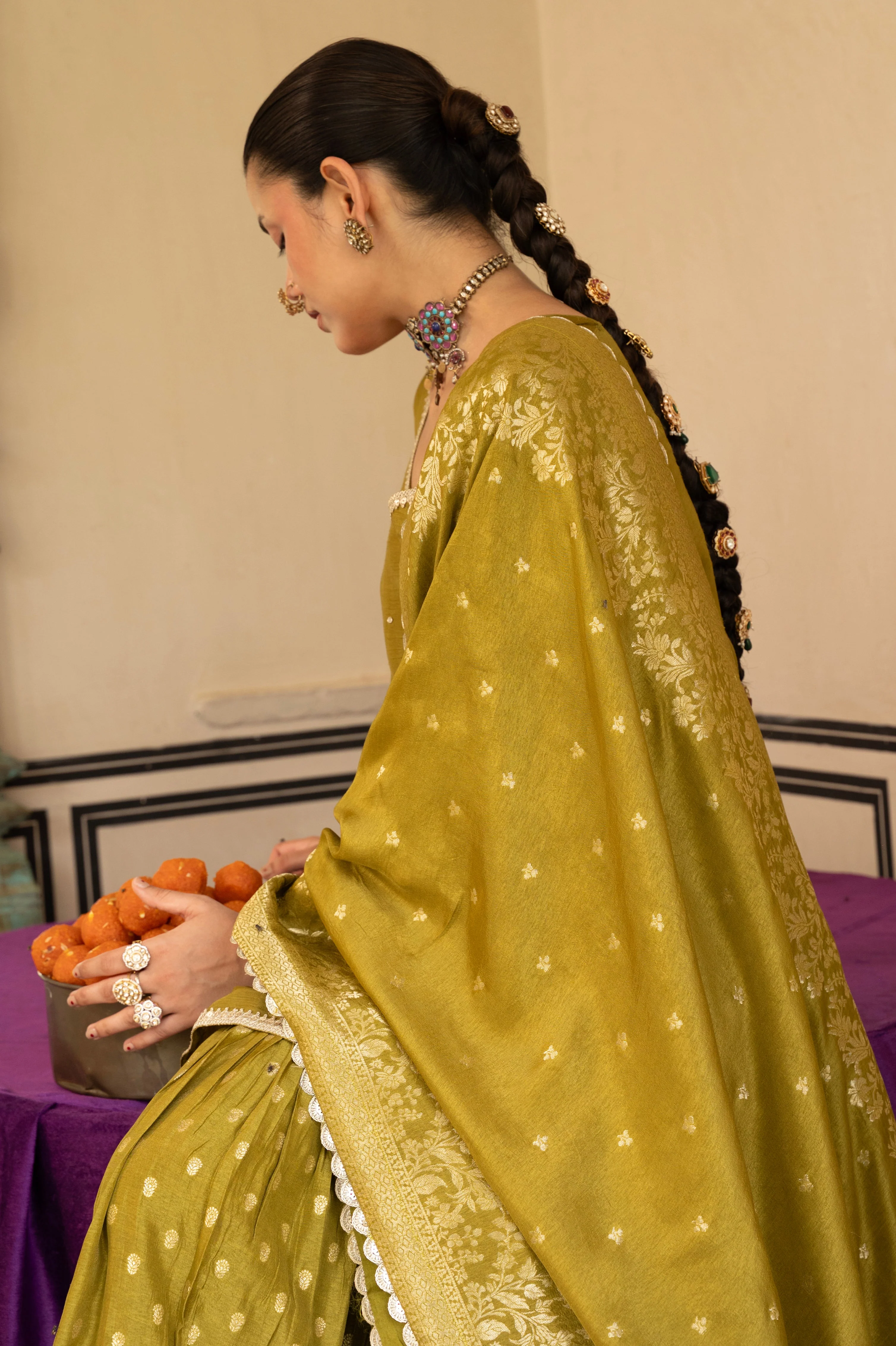 Olive Green Embellished Dola Silk Sharara Set - Image 2