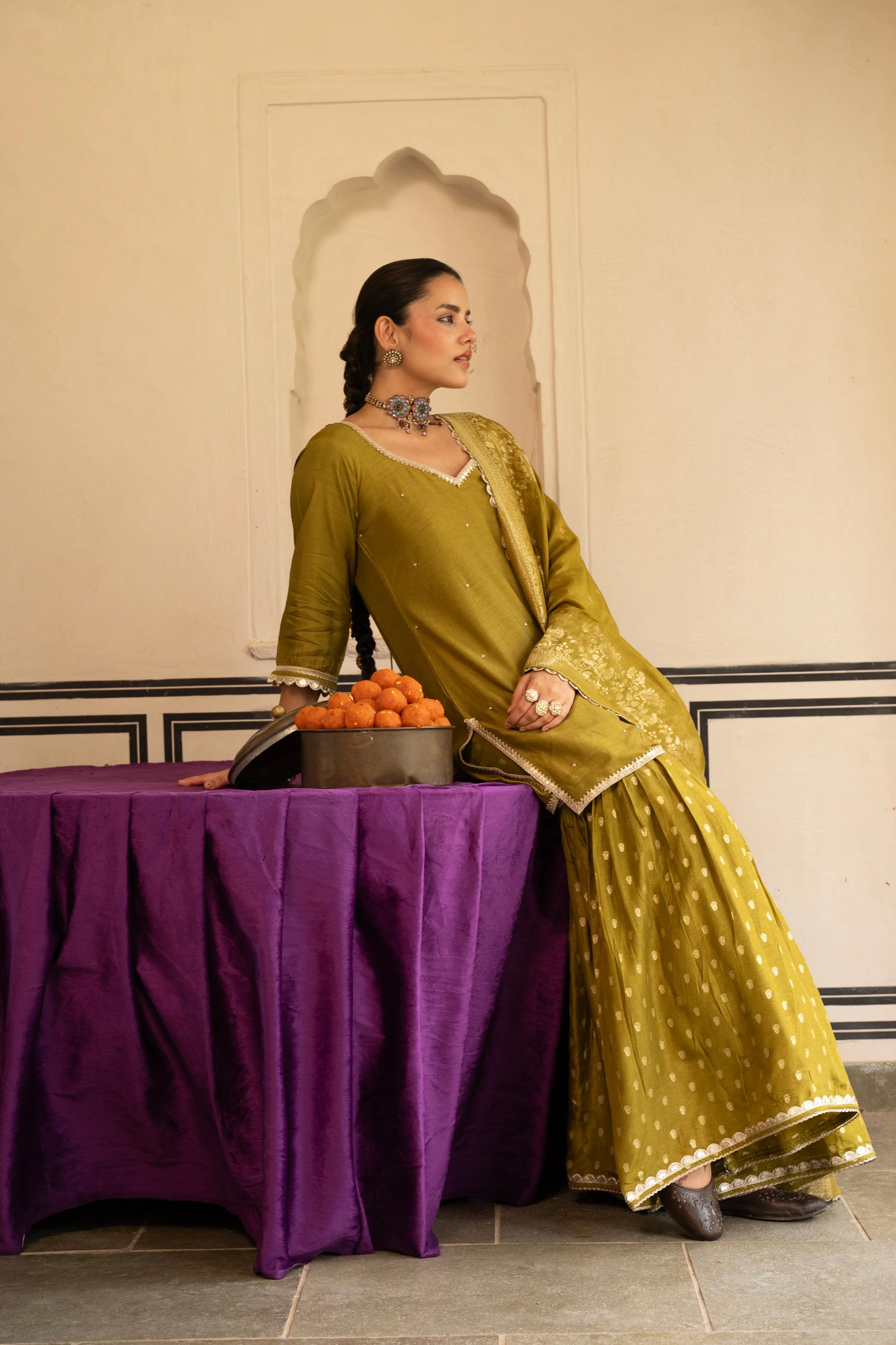 Olive Green Embellished Dola Silk Sharara Set - Image 3