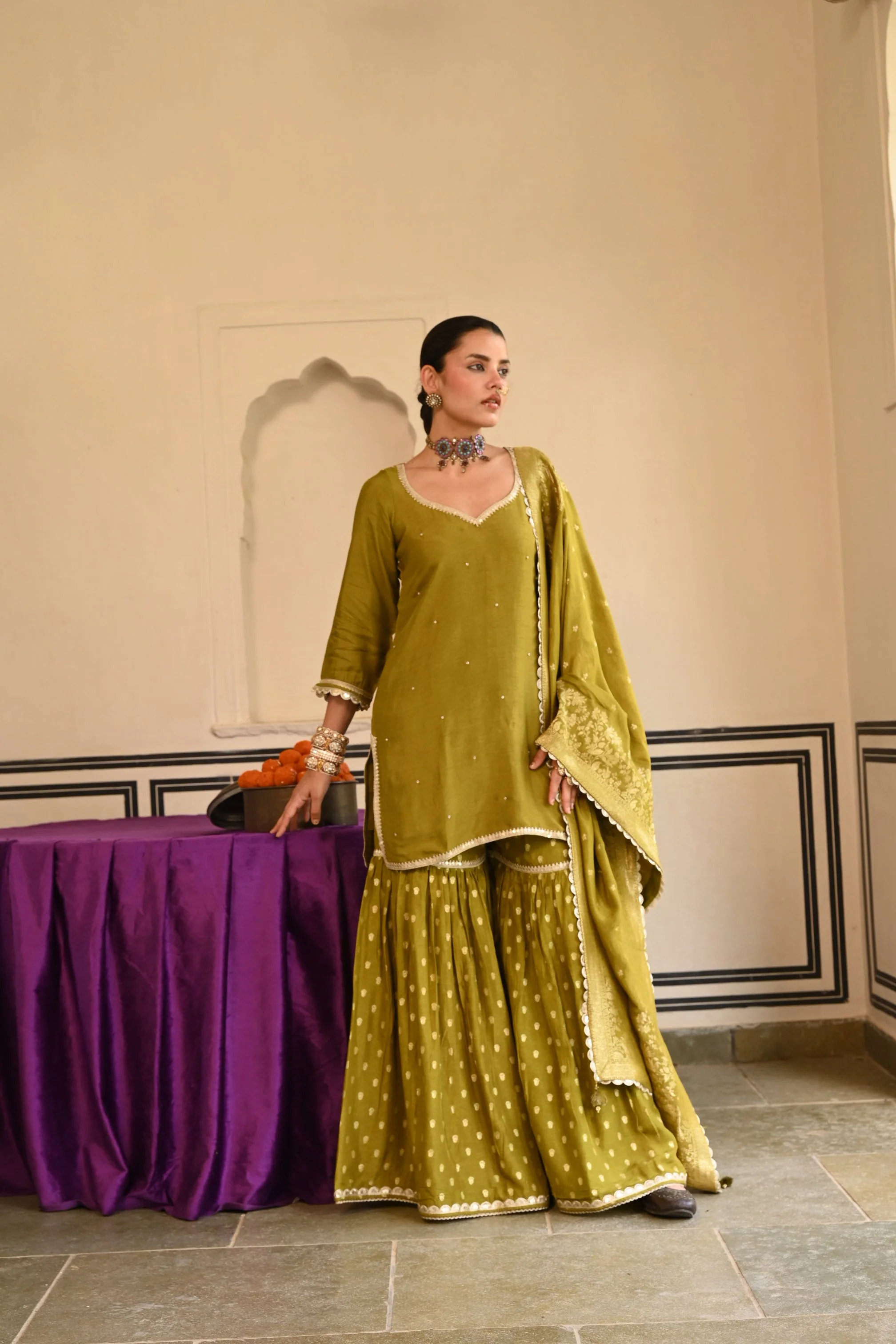 Olive Green Embellished Dola Silk Sharara Set - Image 4