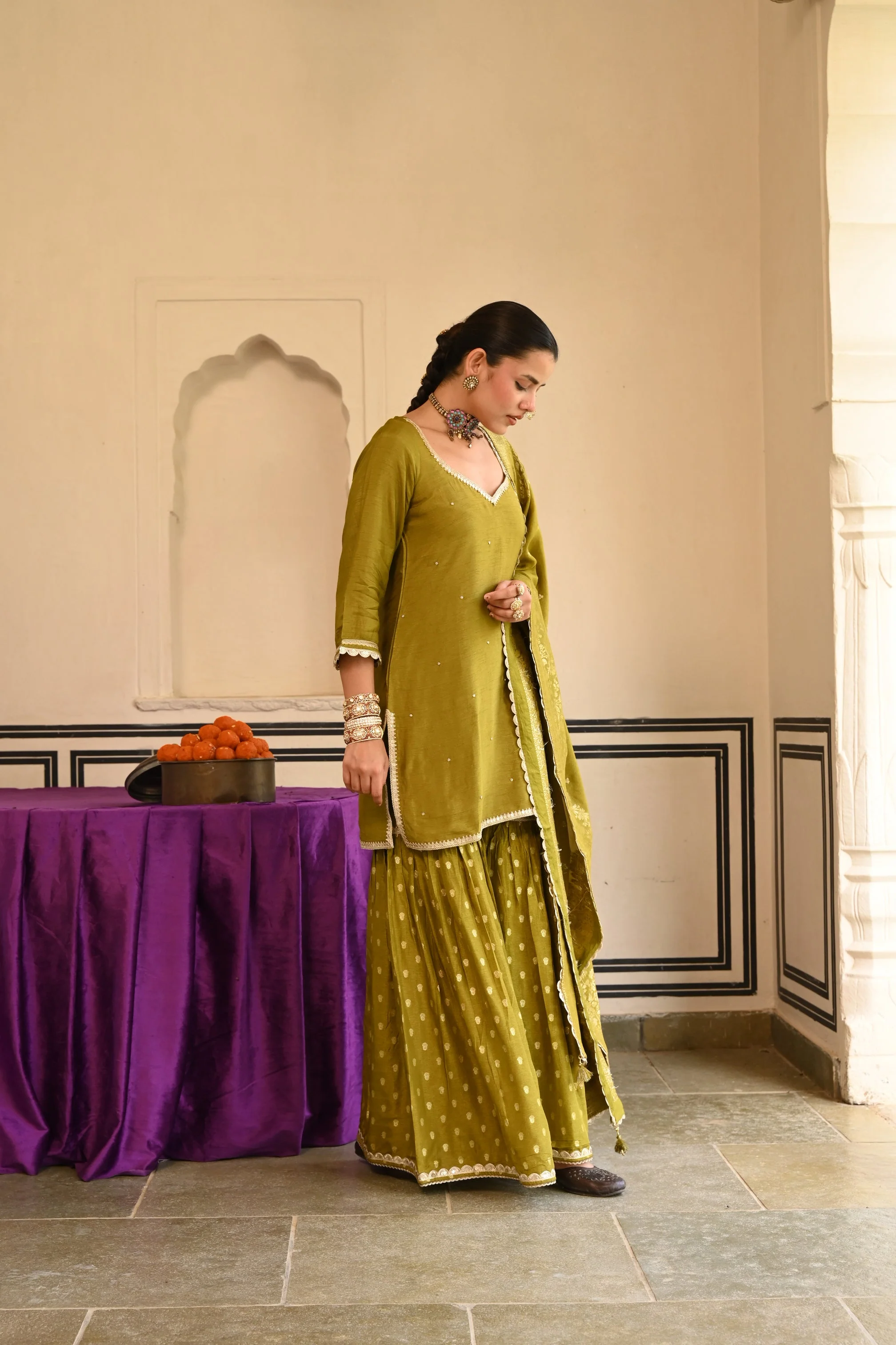 Olive Green Embellished Dola Silk Sharara Set - Image 5