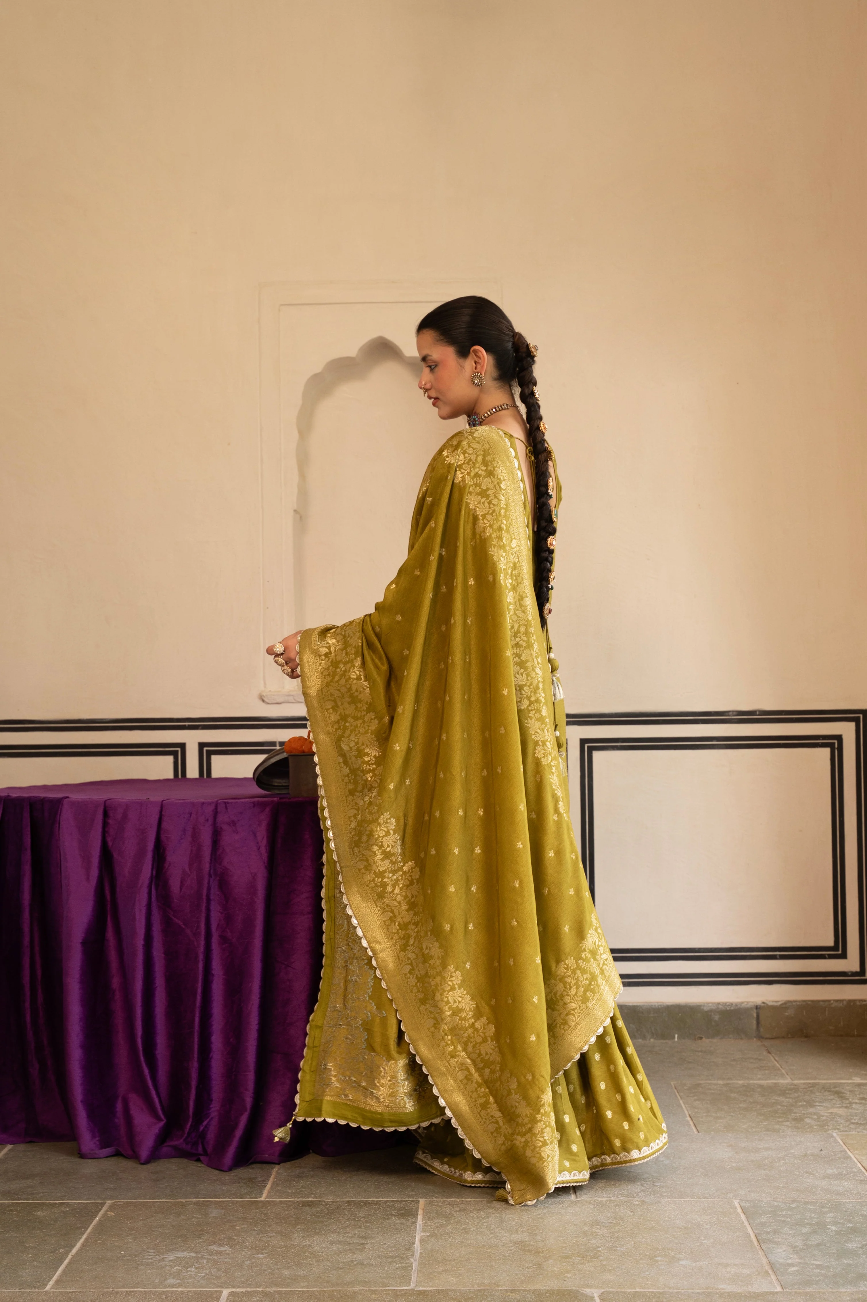 Olive Green Embellished Dola Silk Sharara Set - Image 6
