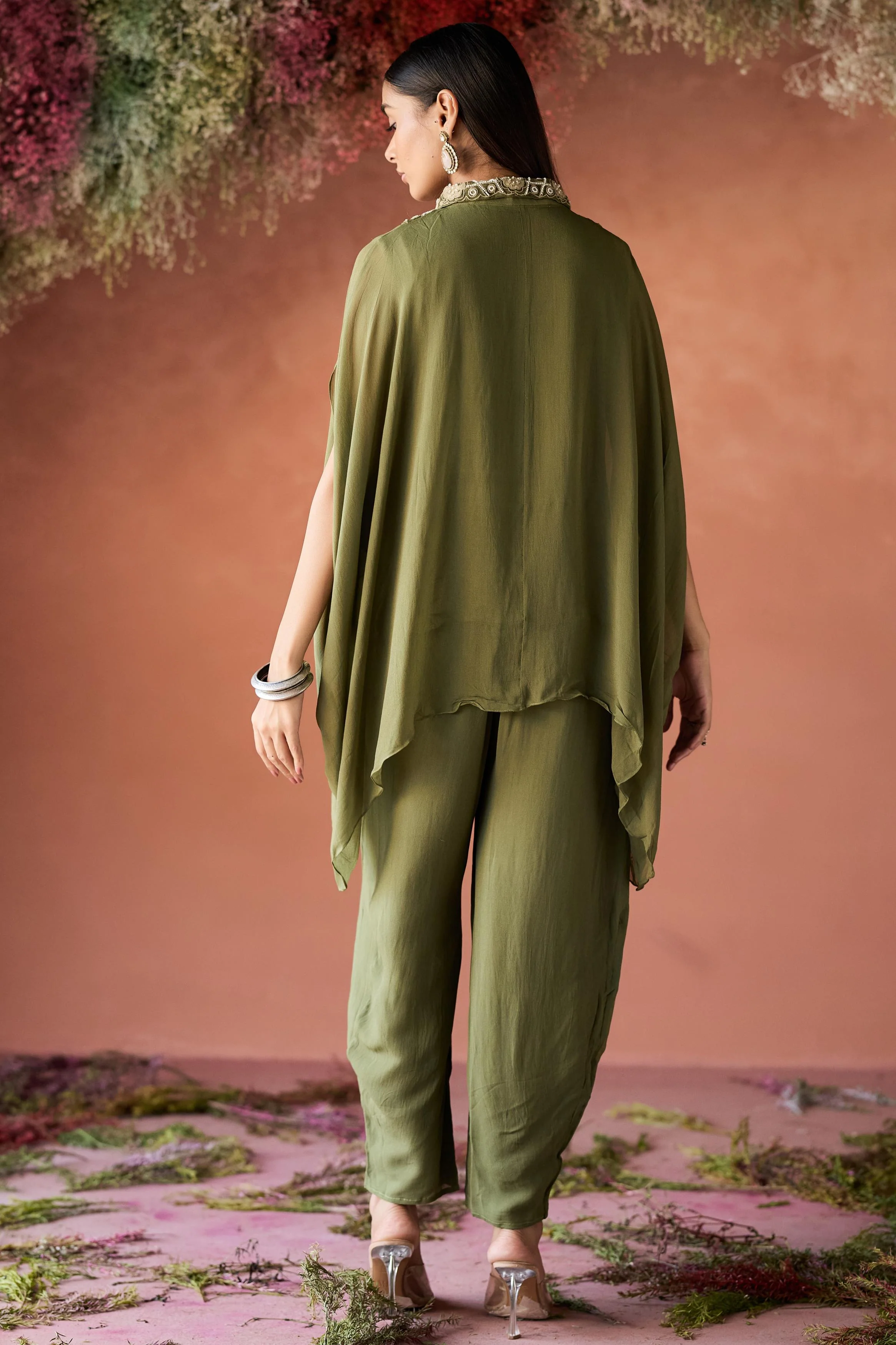 Olive Green Embellished Georgette Kaftan Set - Image 6