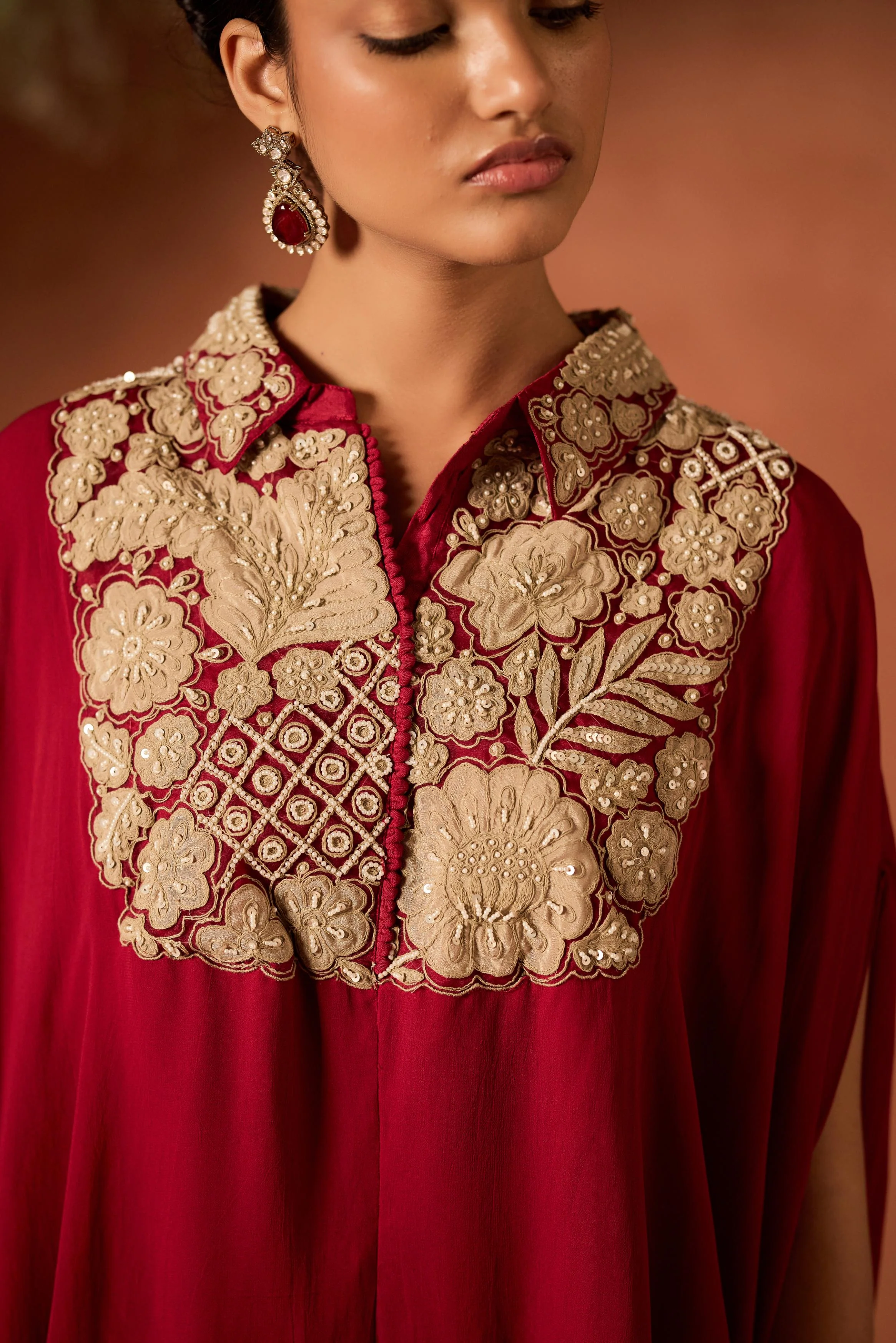 Maroon Red Embellished Georgette Silk Kaftan Set - Image 2