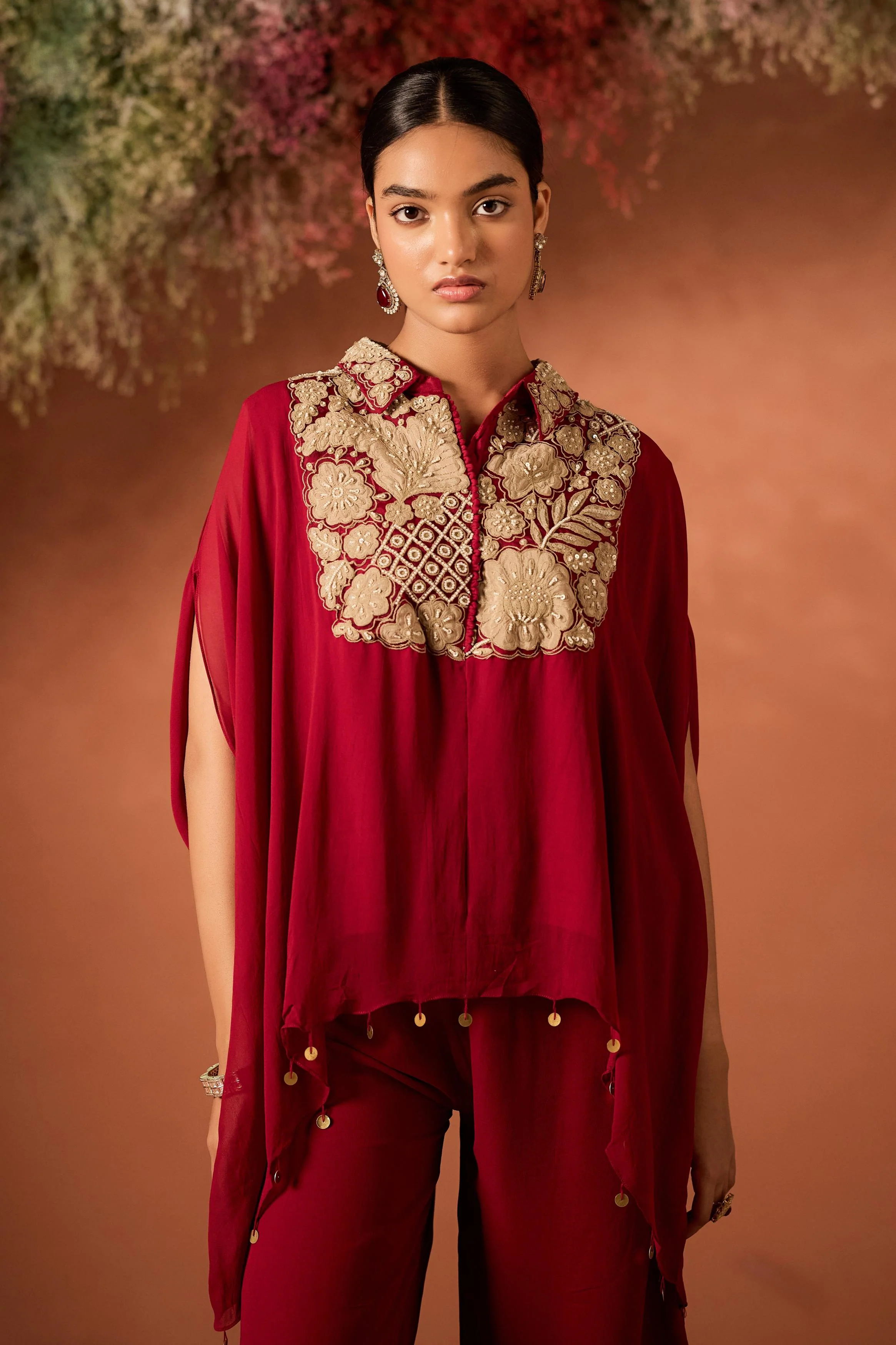 Maroon Red Embellished Georgette Silk Kaftan Set - Image 3