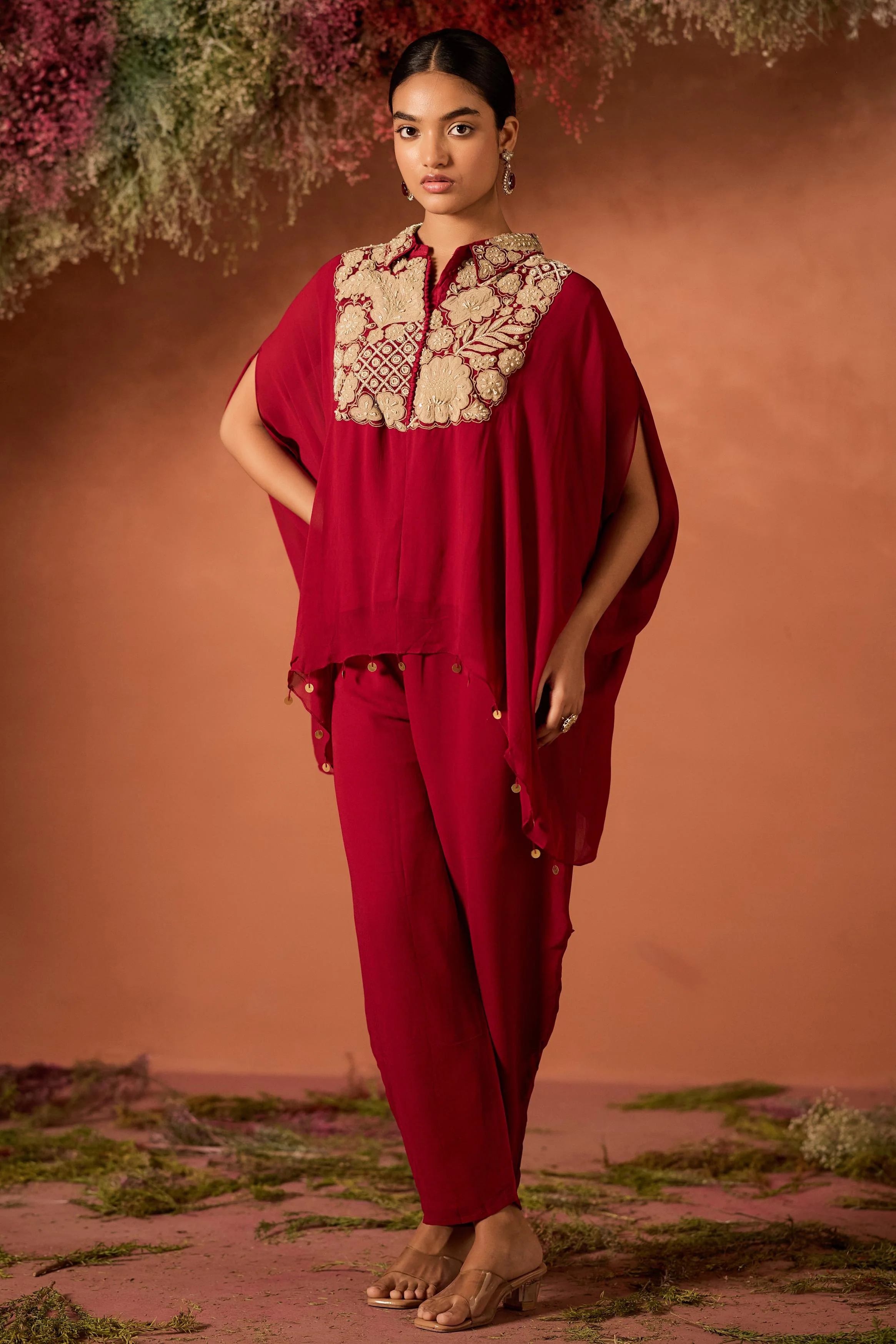 Maroon Red Embellished Georgette Silk Kaftan Set - Image 4