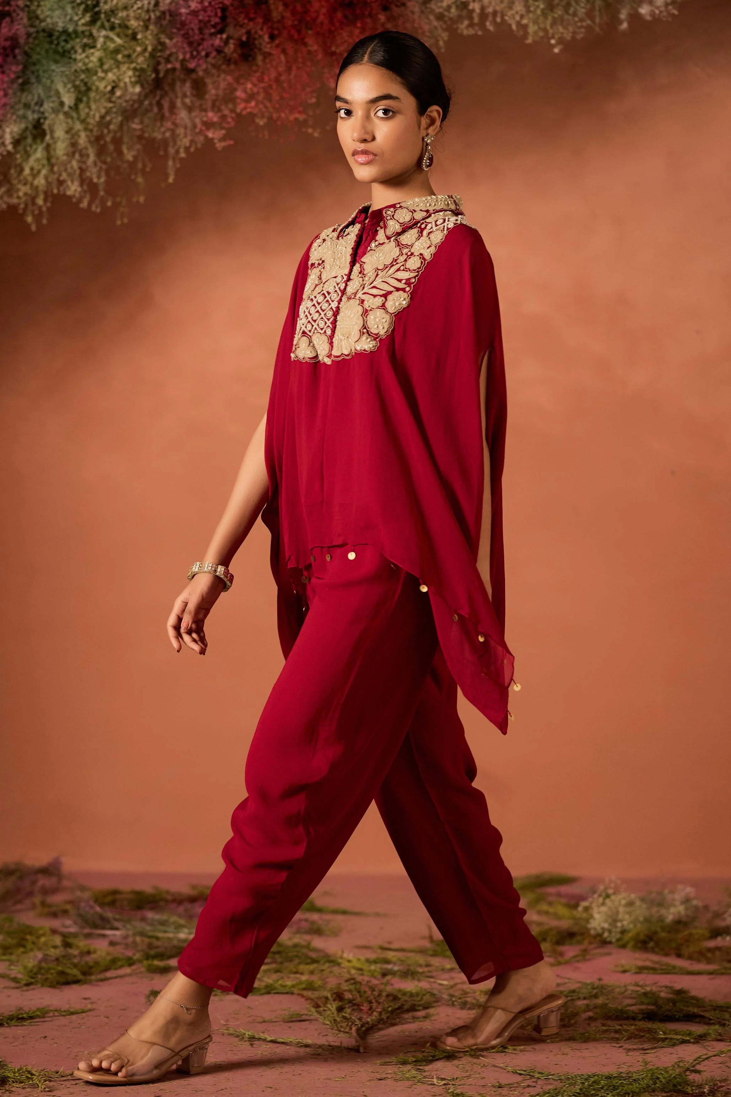 Maroon Red Embellished Georgette Silk Kaftan Set - Image 5