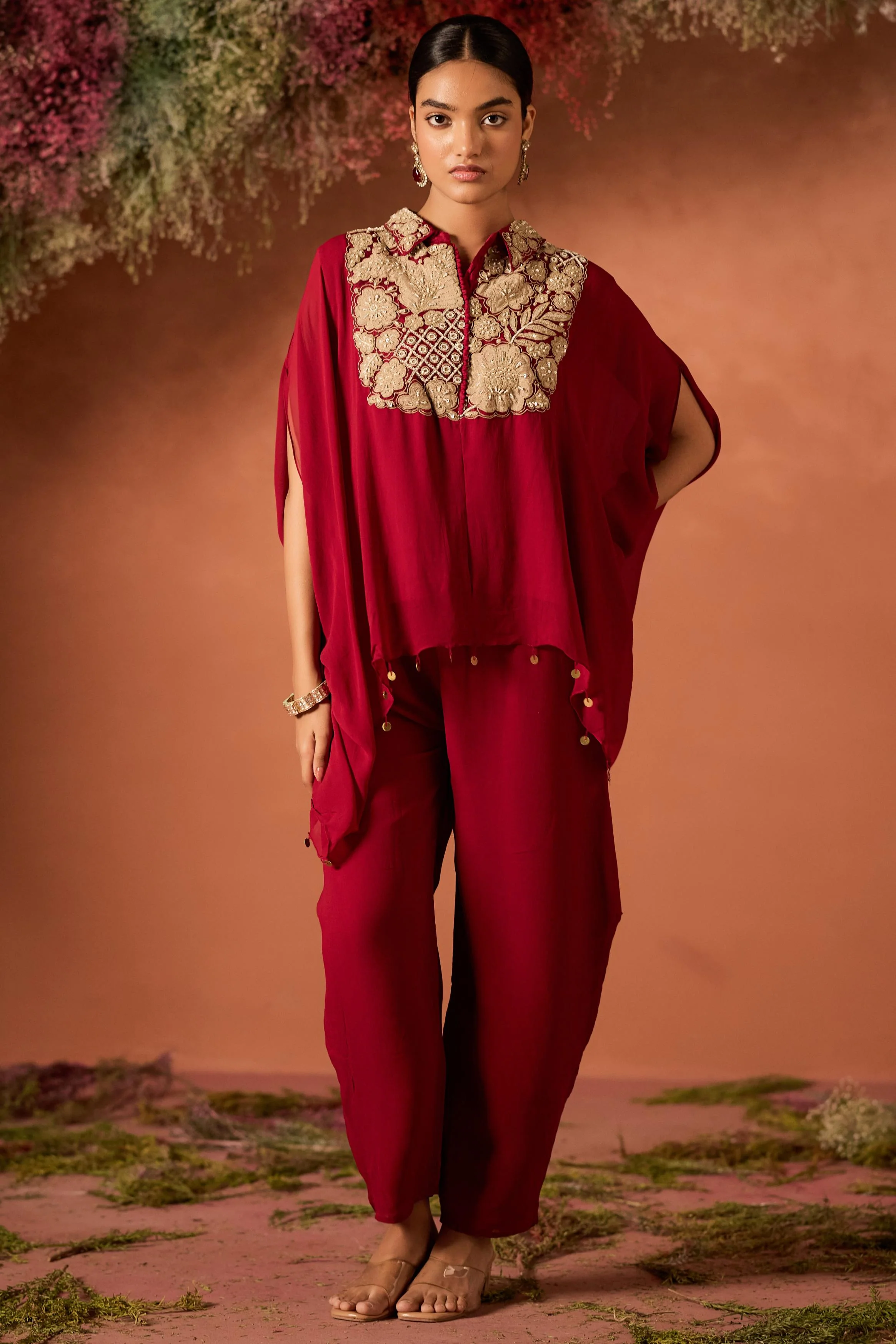 Maroon Red Embellished Georgette Silk Kaftan Set - Image 6