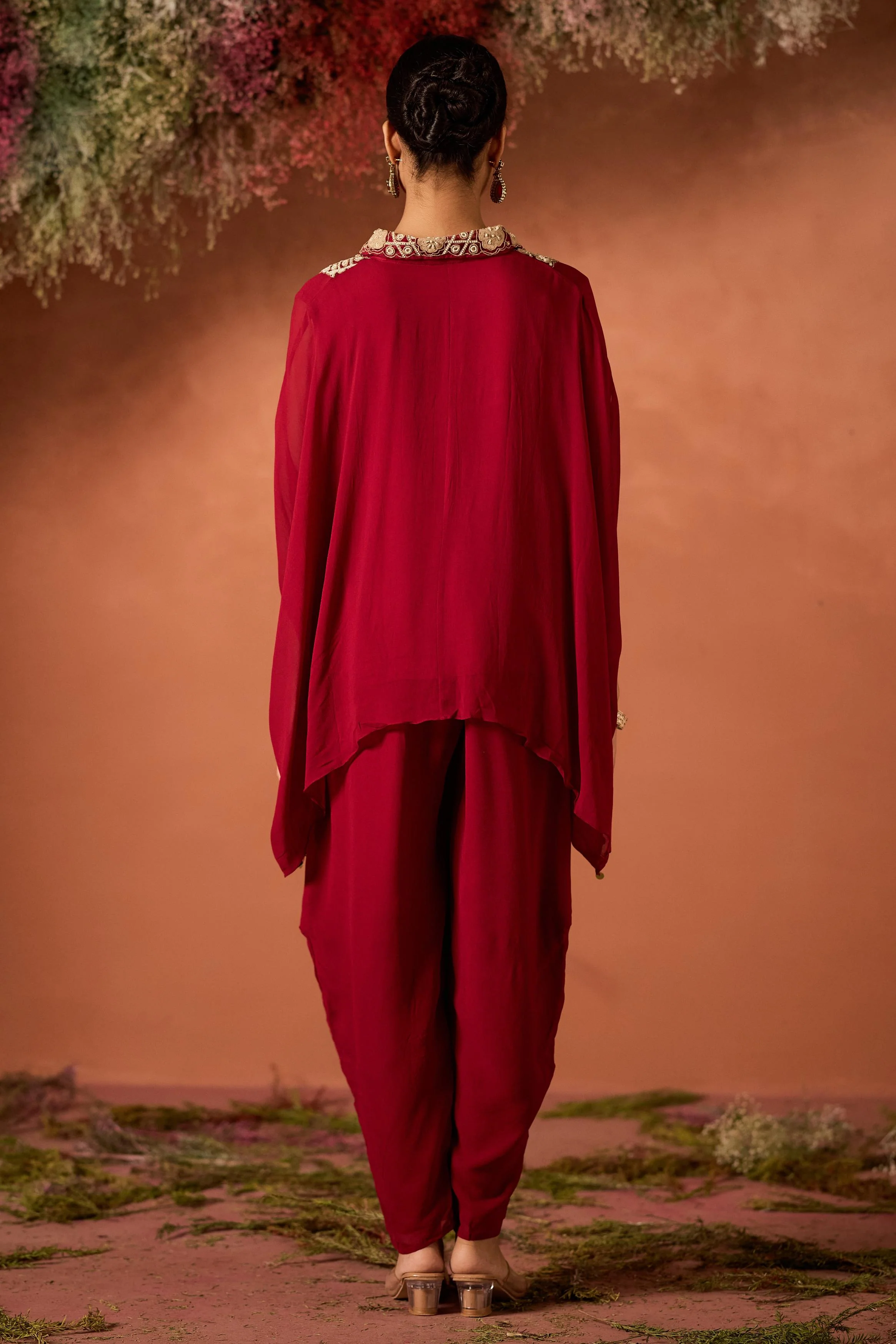 Maroon Red Embellished Georgette Silk Kaftan Set - Image 7