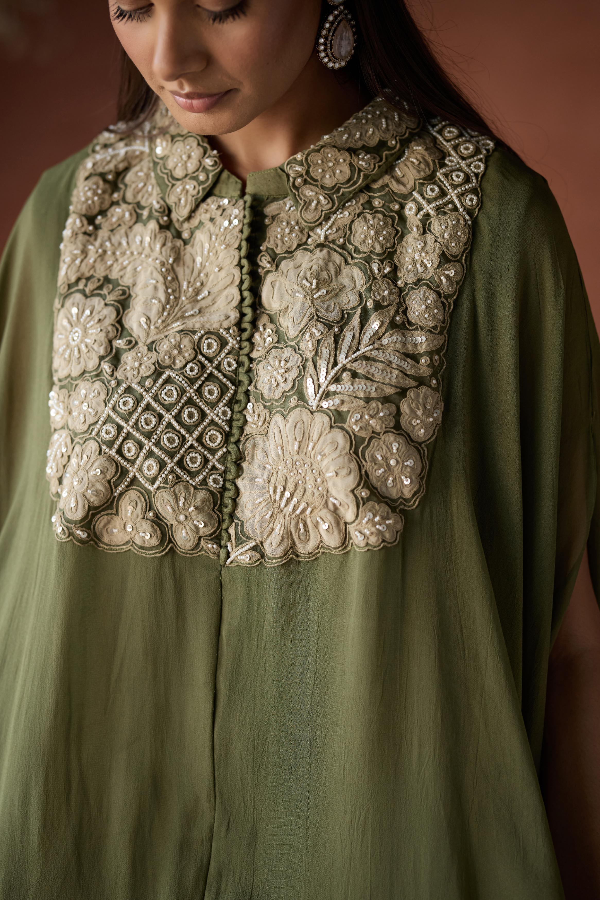 Olive Green Embellished Georgette Silk Kaftan Set - Image 2