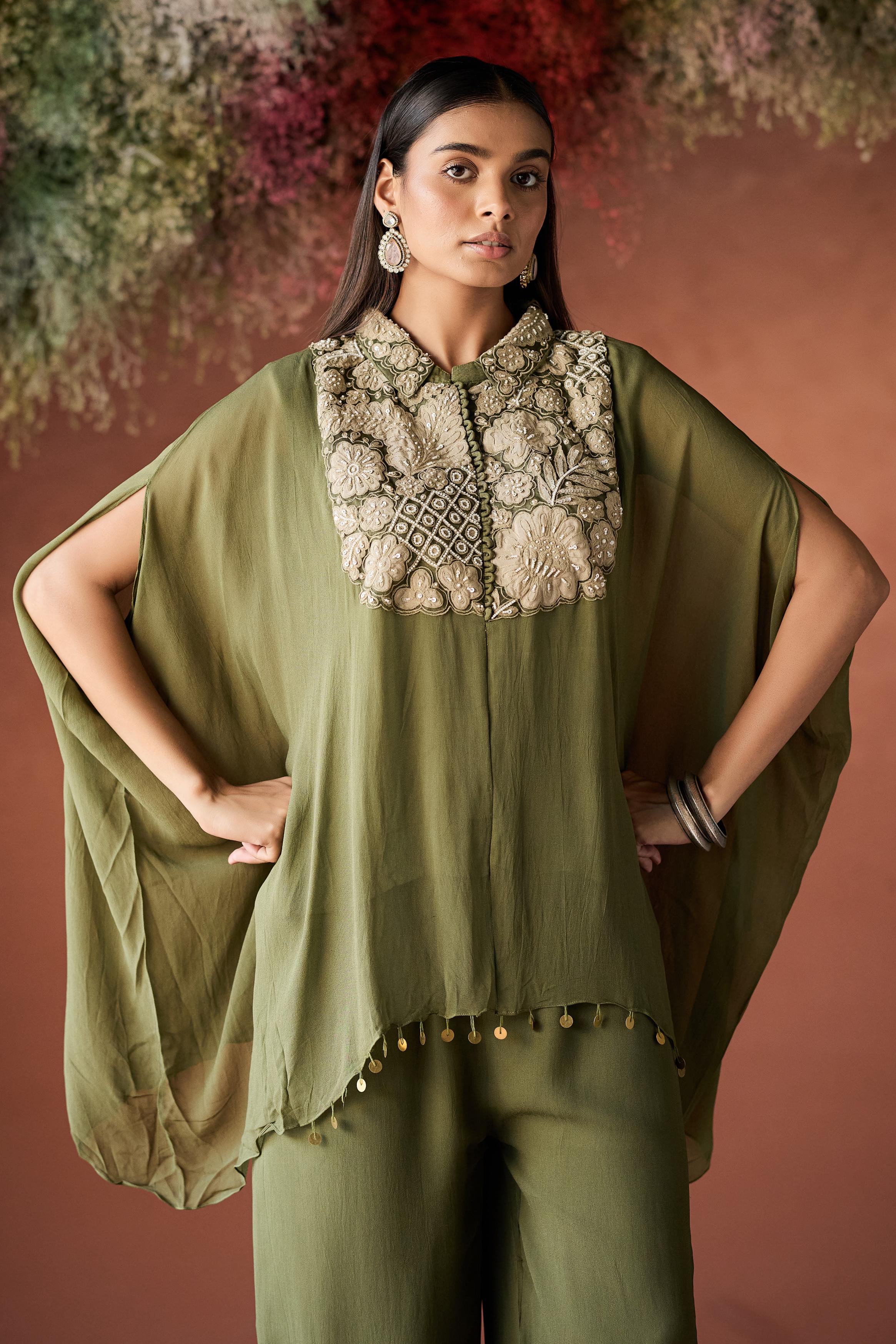 Olive Green Embellished Georgette Silk Kaftan Set - Image 3
