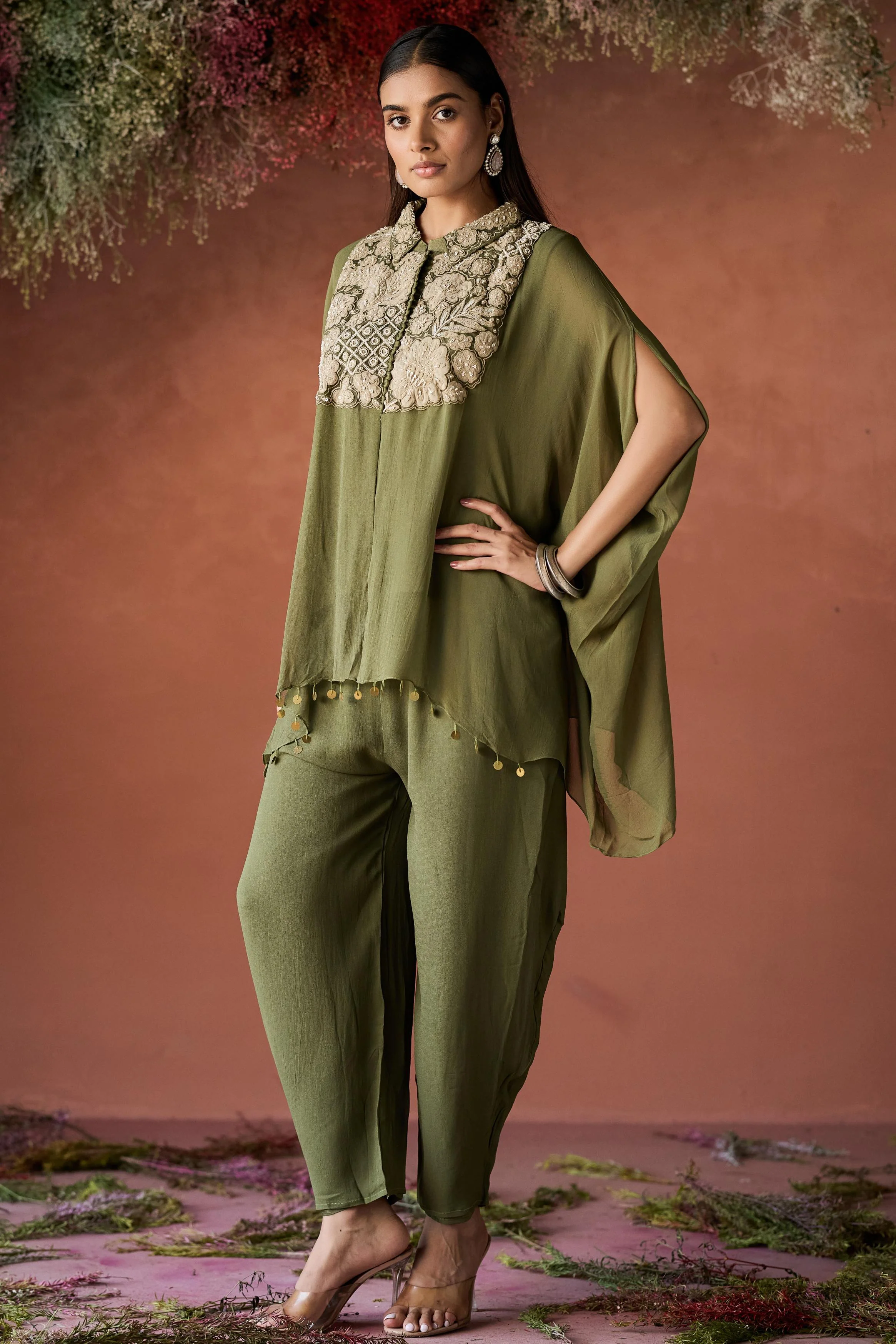 Olive Green Embellished Georgette Silk Kaftan Set - Image 4