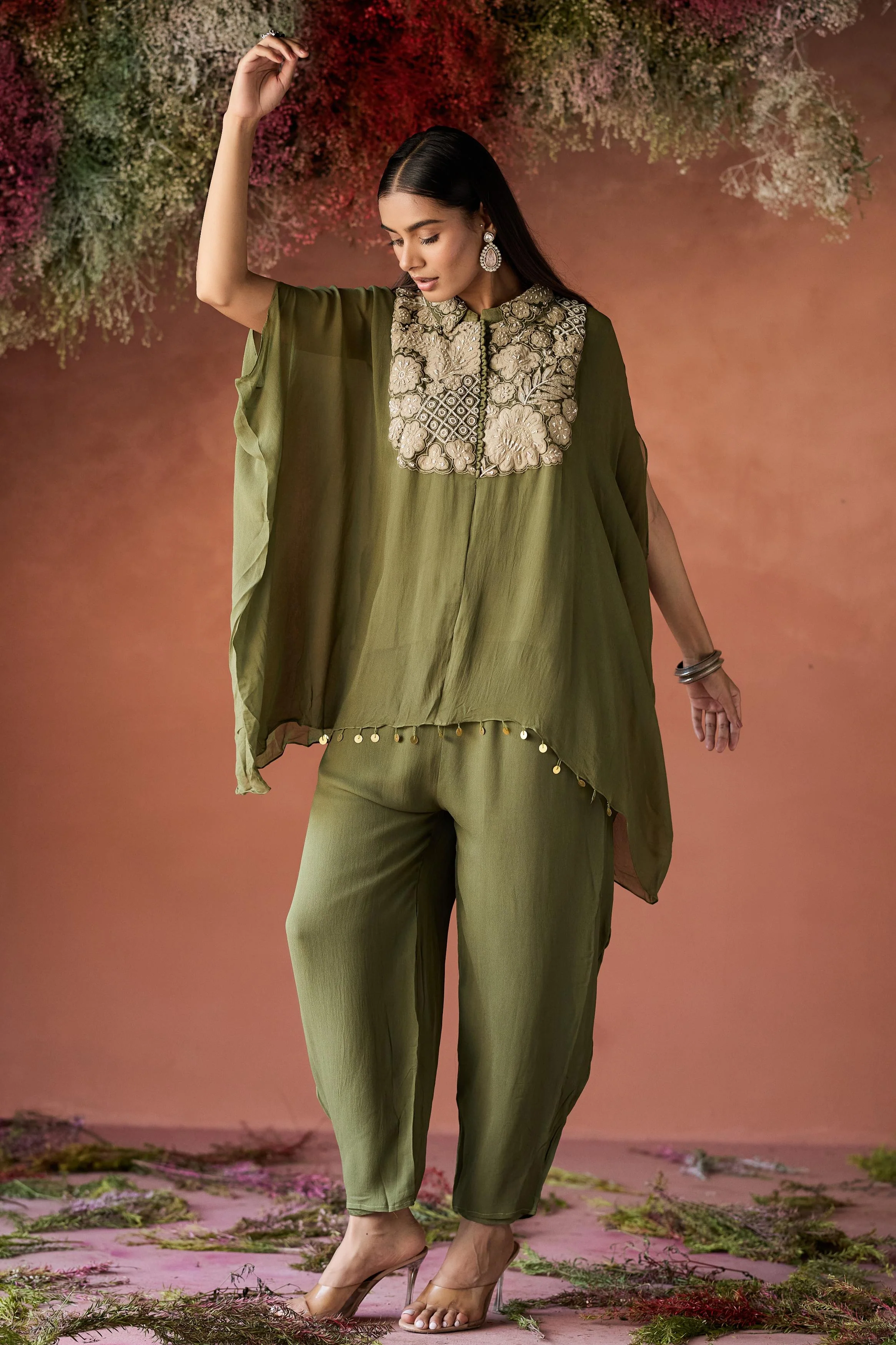 Olive Green Embellished Georgette Silk Kaftan Set - Image 5
