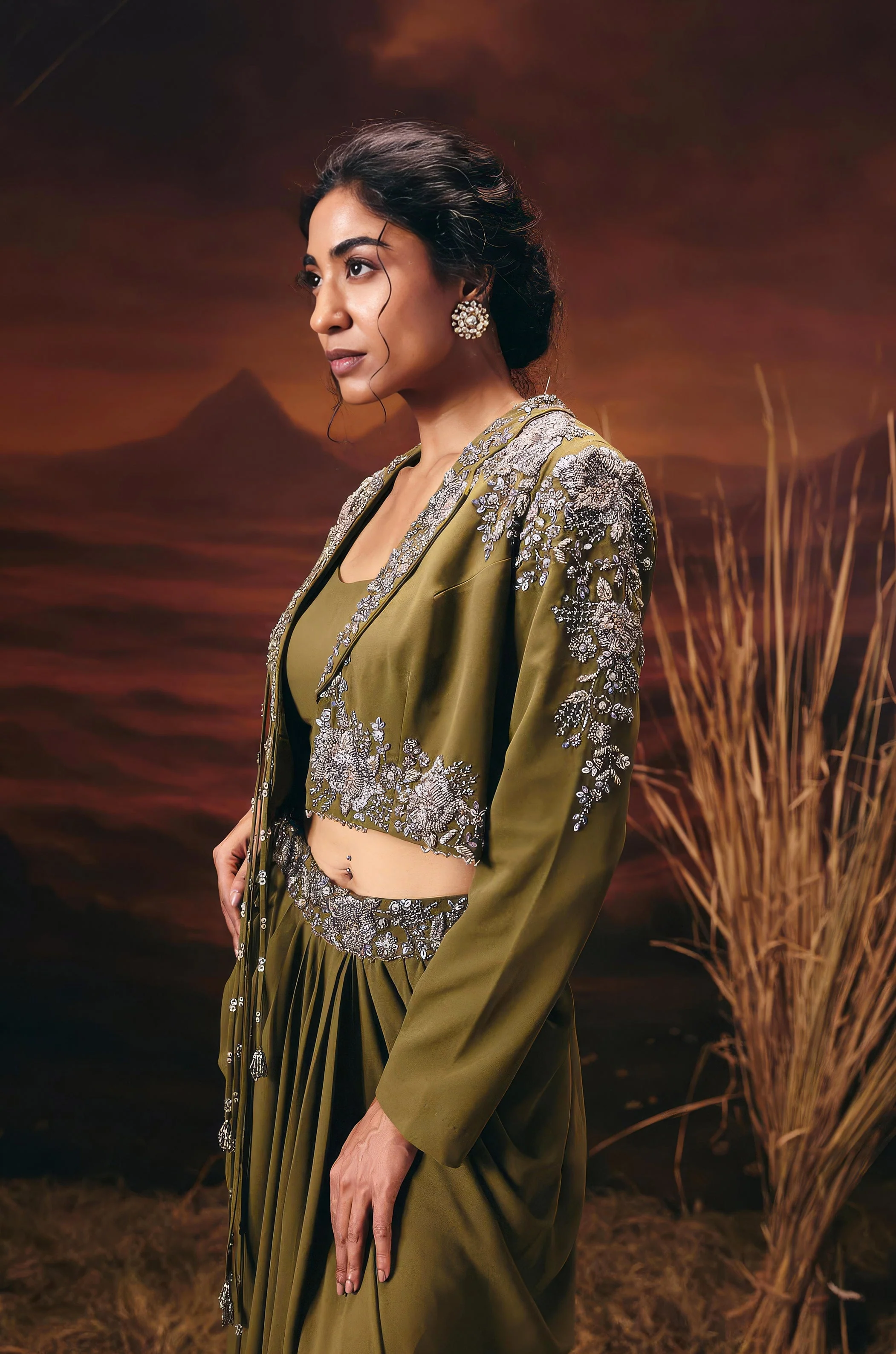 Olive Green Embellished Georgette Silk Skirt Set - Image 3