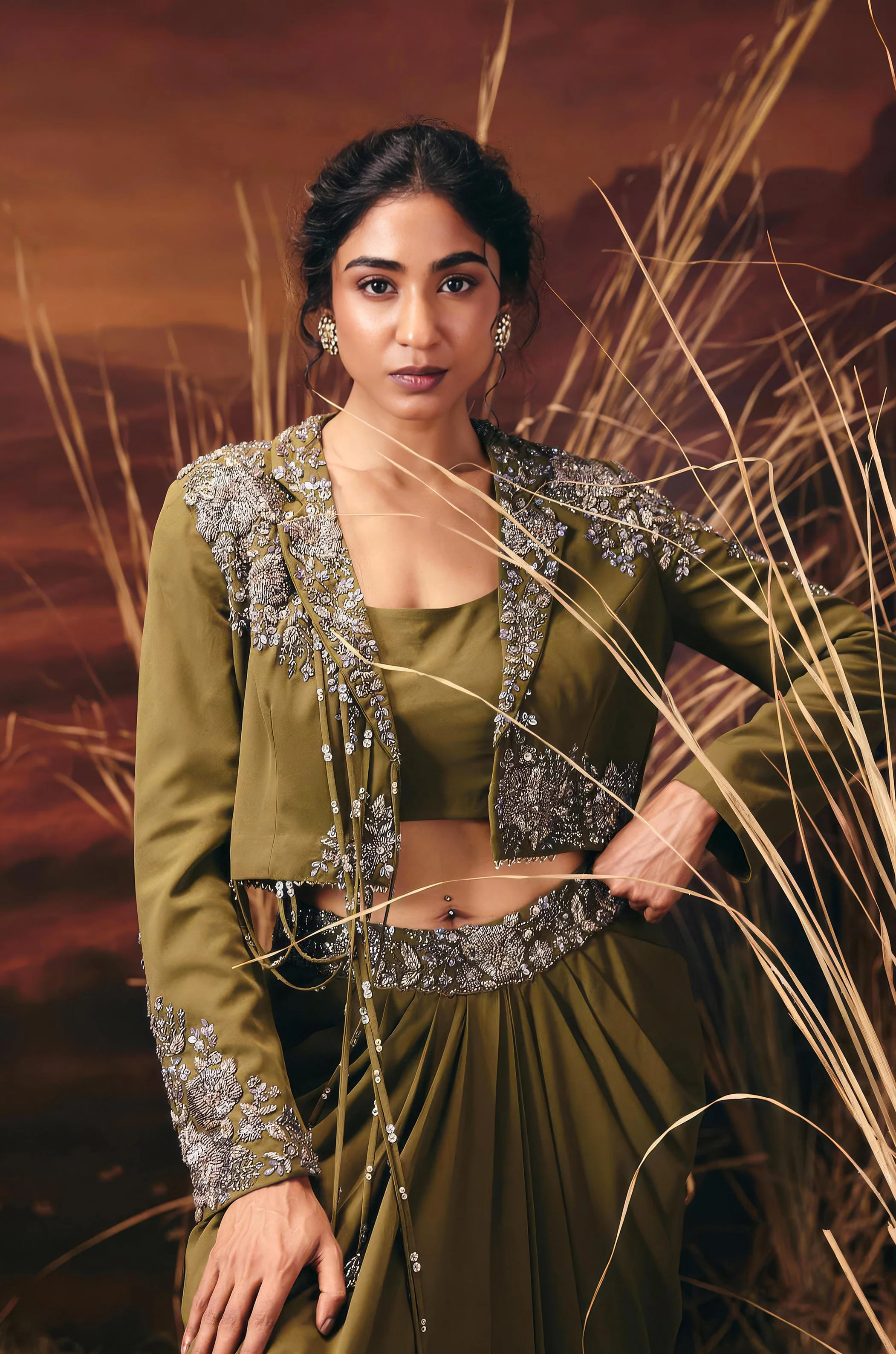 Olive Green Embellished Georgette Silk Skirt Set - Image 4