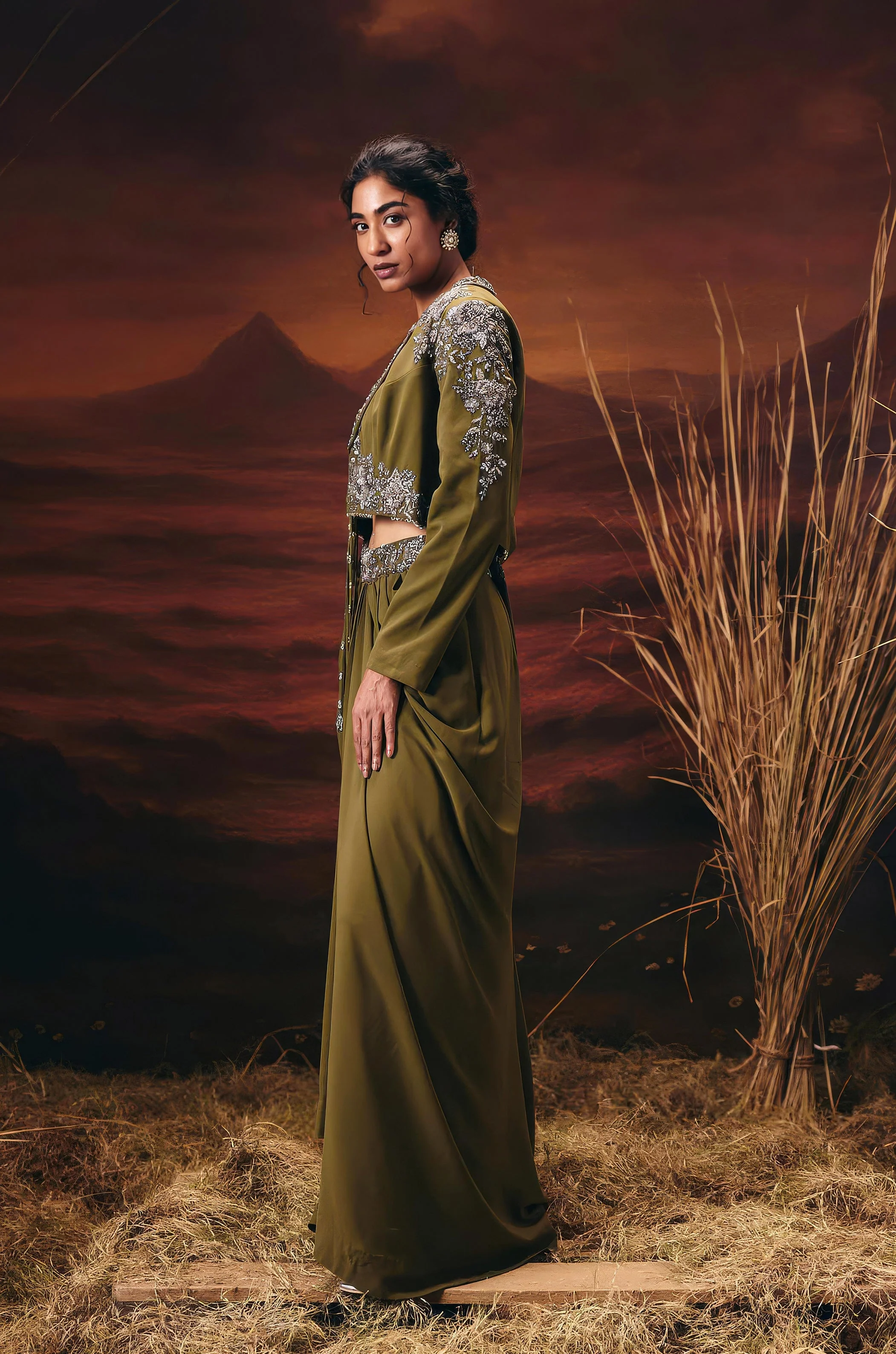 Olive Green Embellished Georgette Silk Skirt Set - Image 5