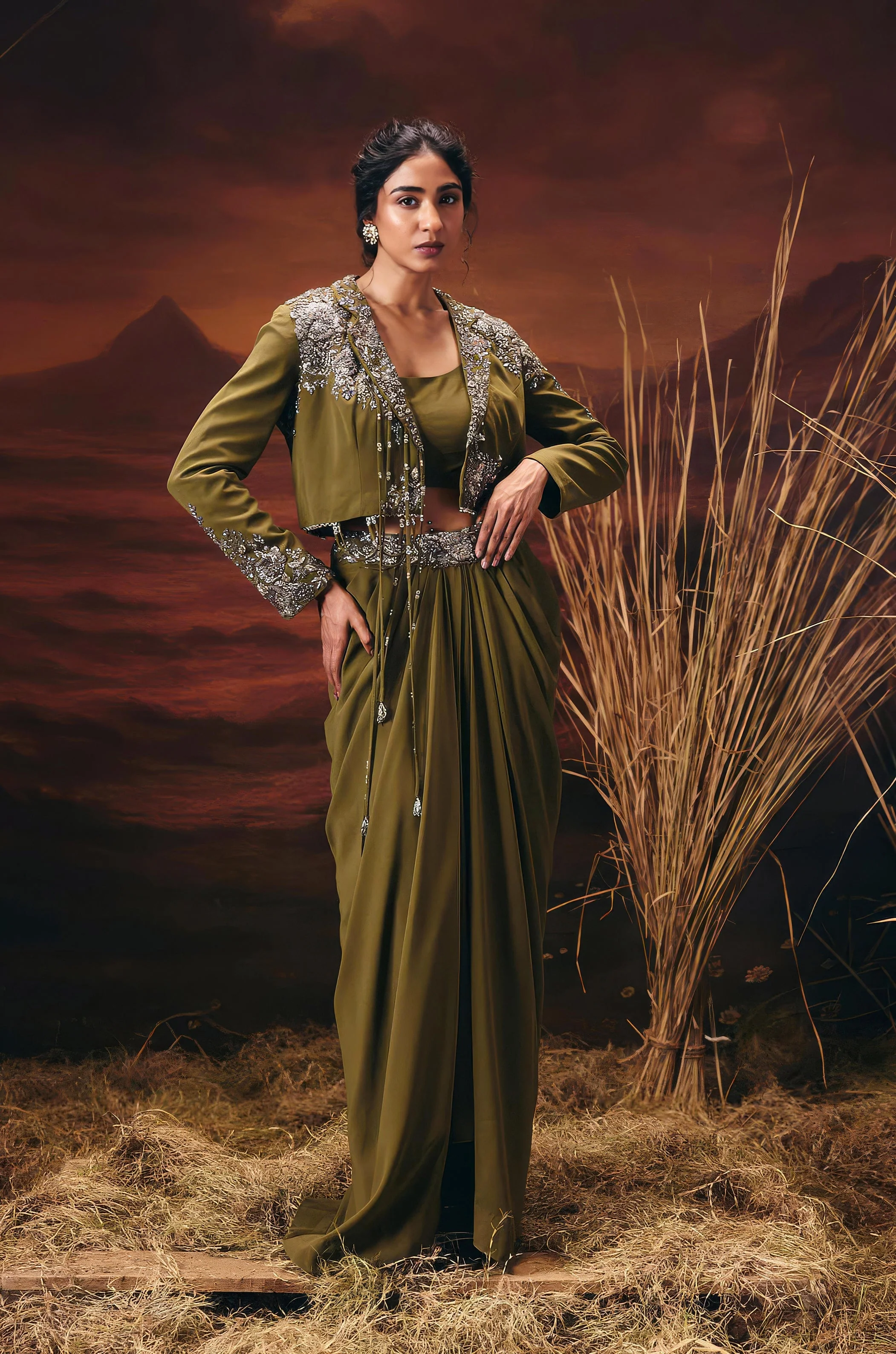 Olive Green Embellished Georgette Silk Skirt Set - Image 6
