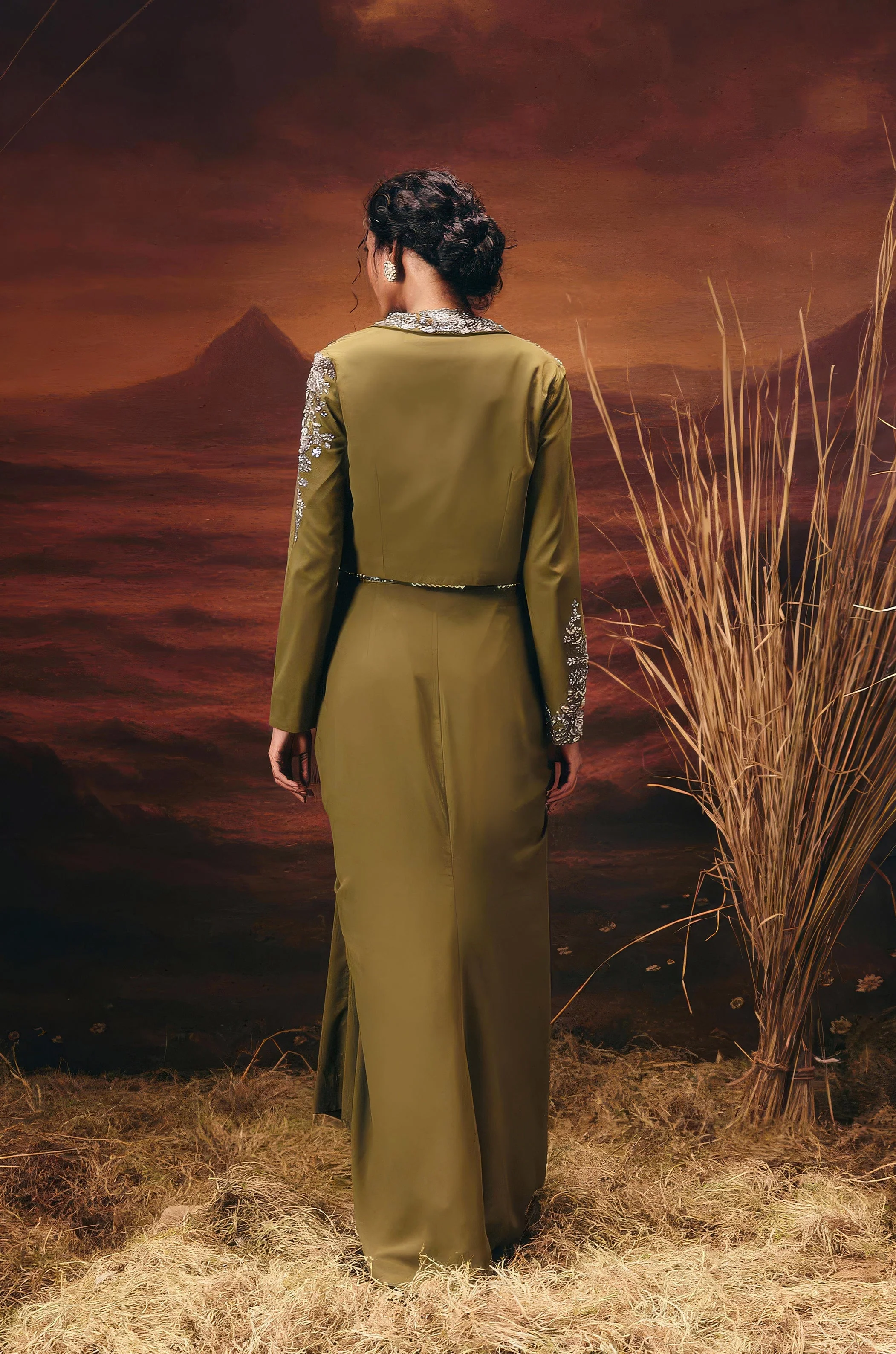 Olive Green Embellished Georgette Silk Skirt Set - Image 7
