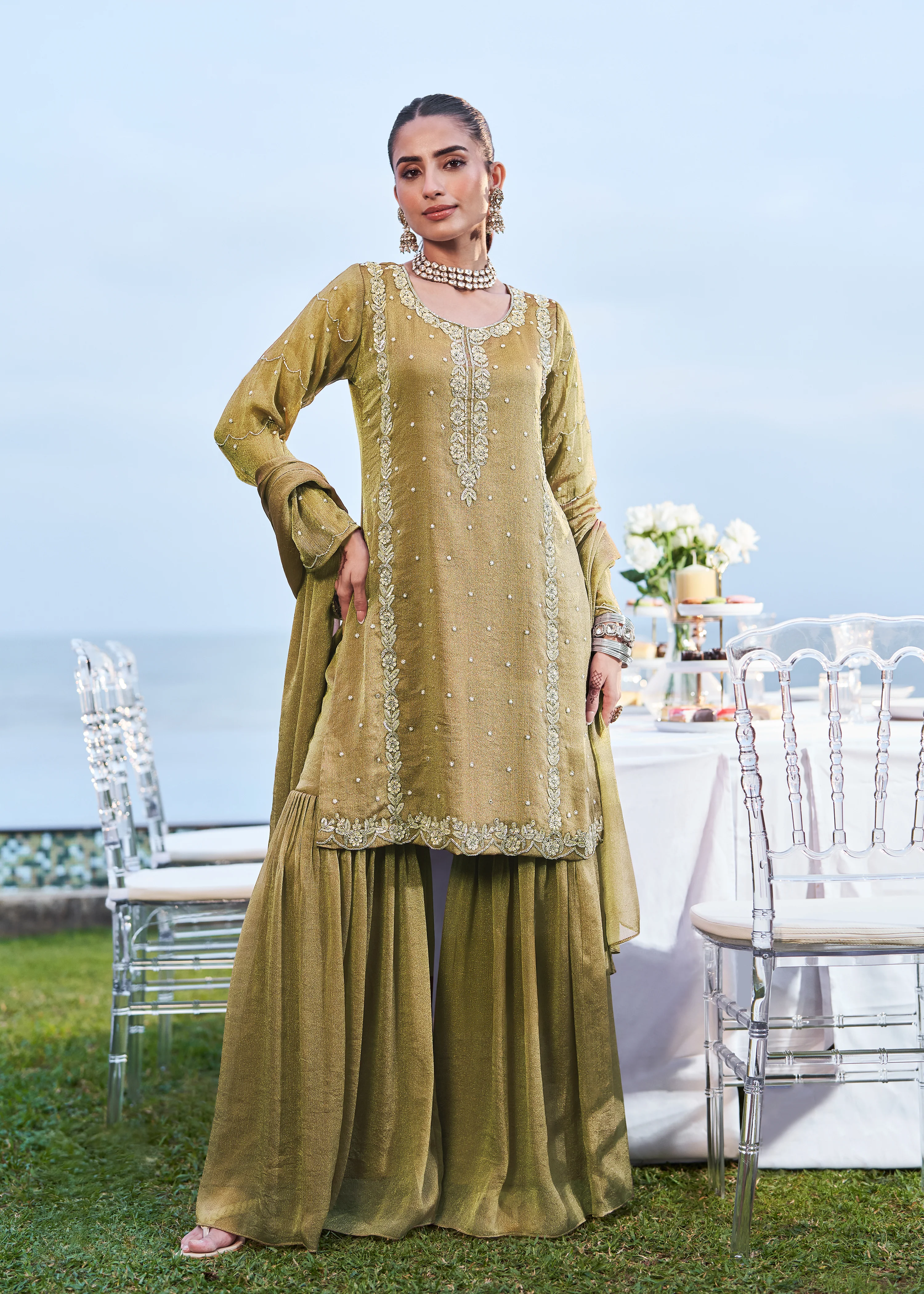 Olive Green Embellished Shimmer Tissue Sharara Set