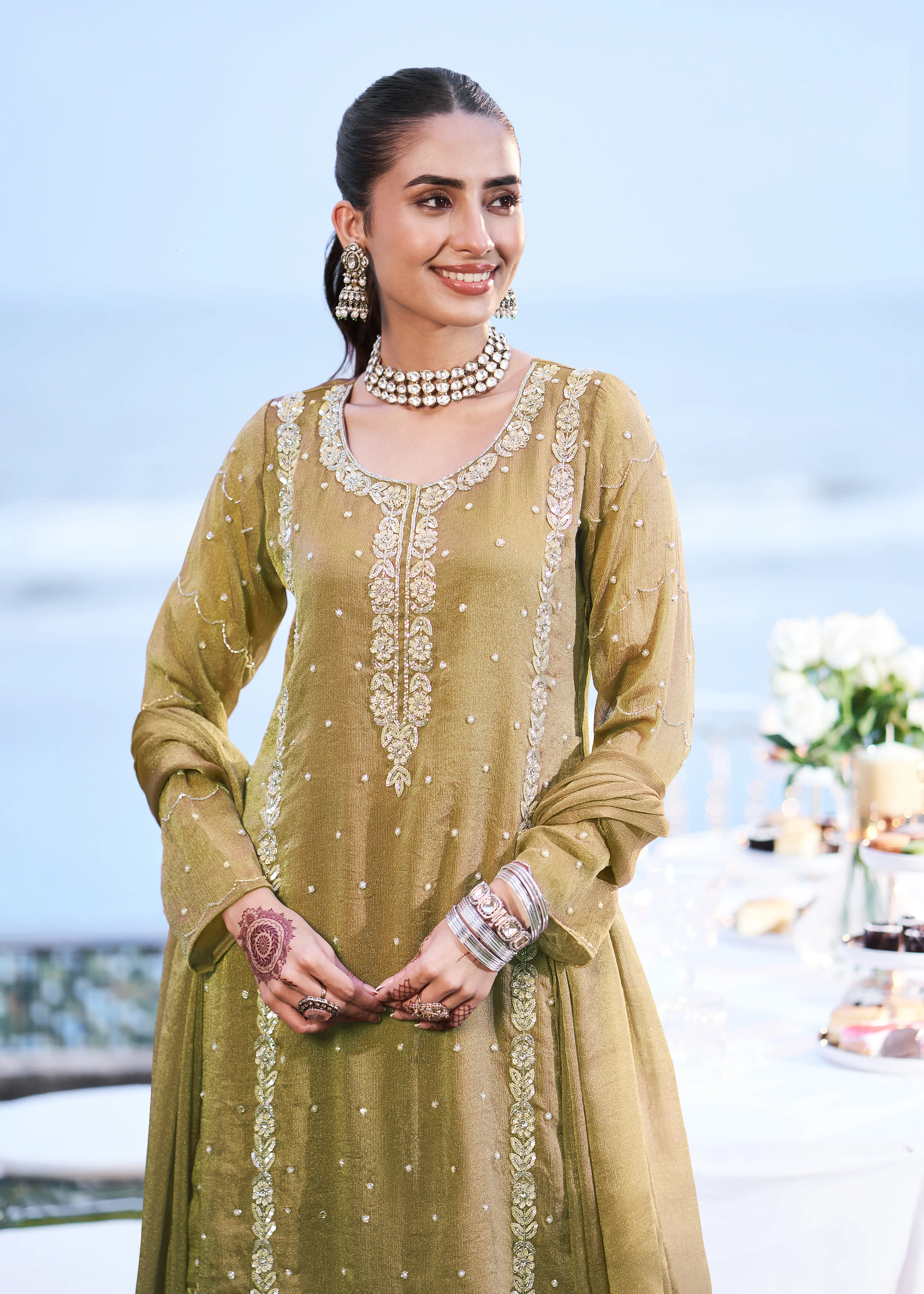 Olive Green Embellished Shimmer Tissue Sharara Set - Image 2