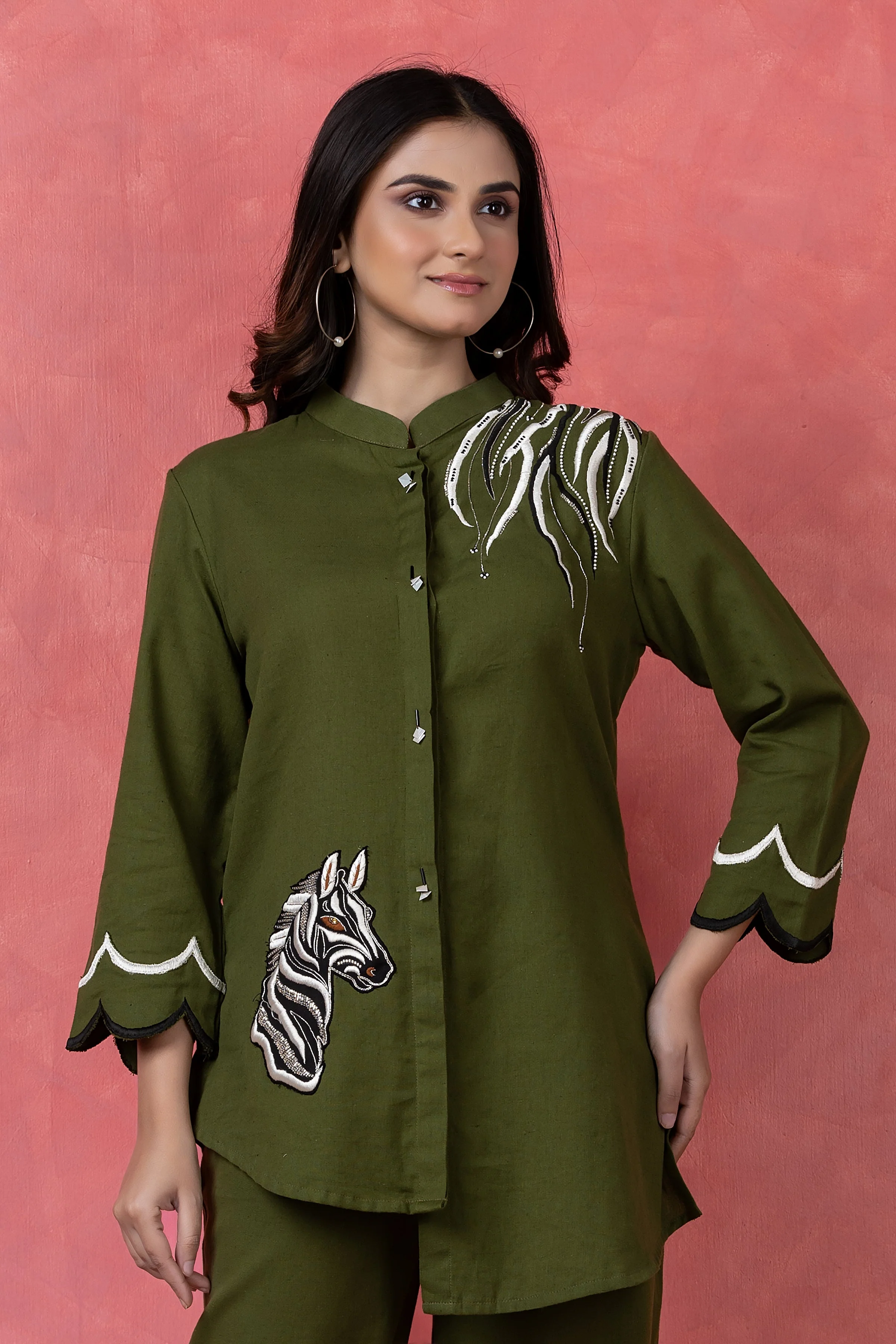 Olive Green Embroidered Cotton Co-Ord Set - Image 2
