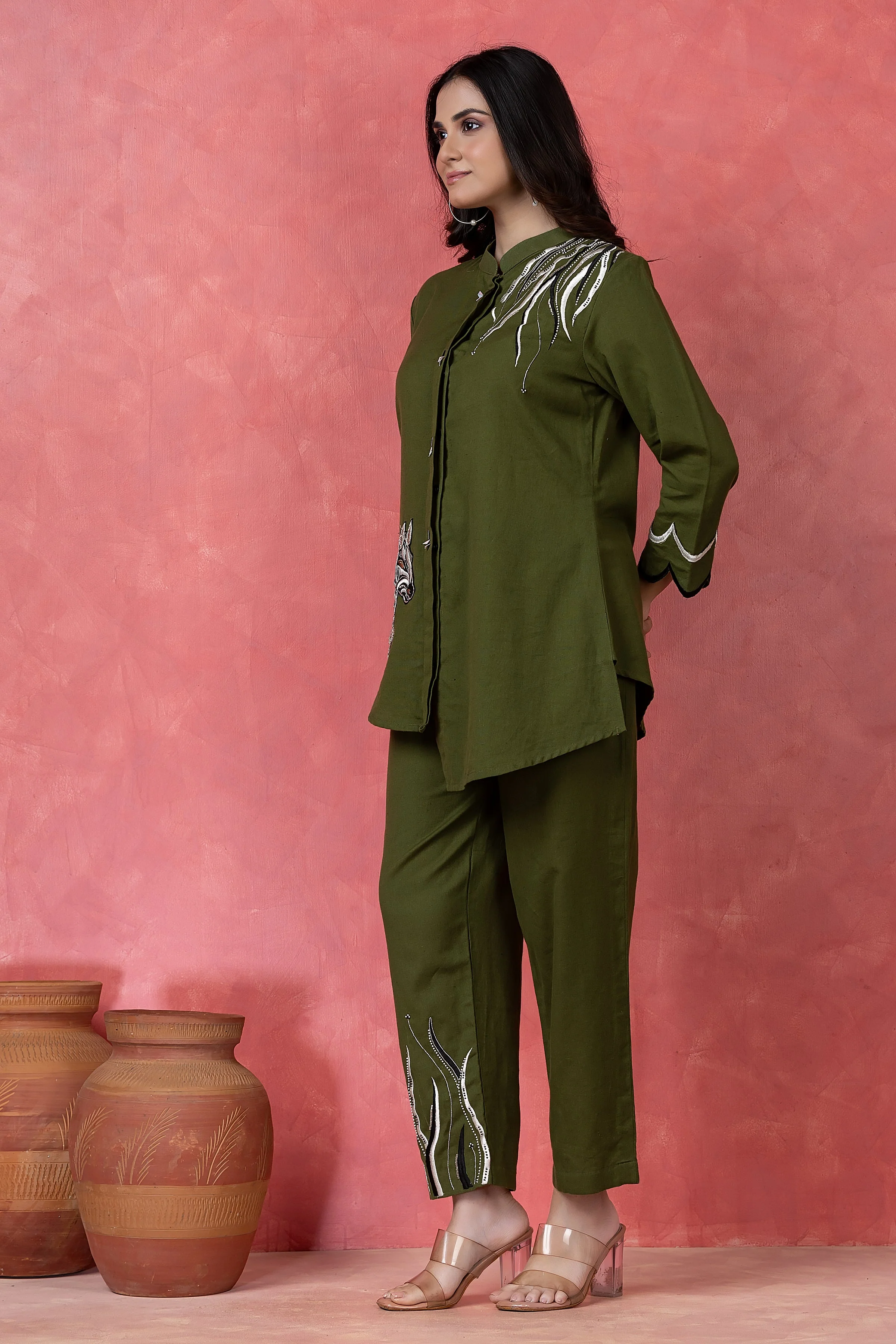 Olive Green Embroidered Cotton Co-Ord Set - Image 3