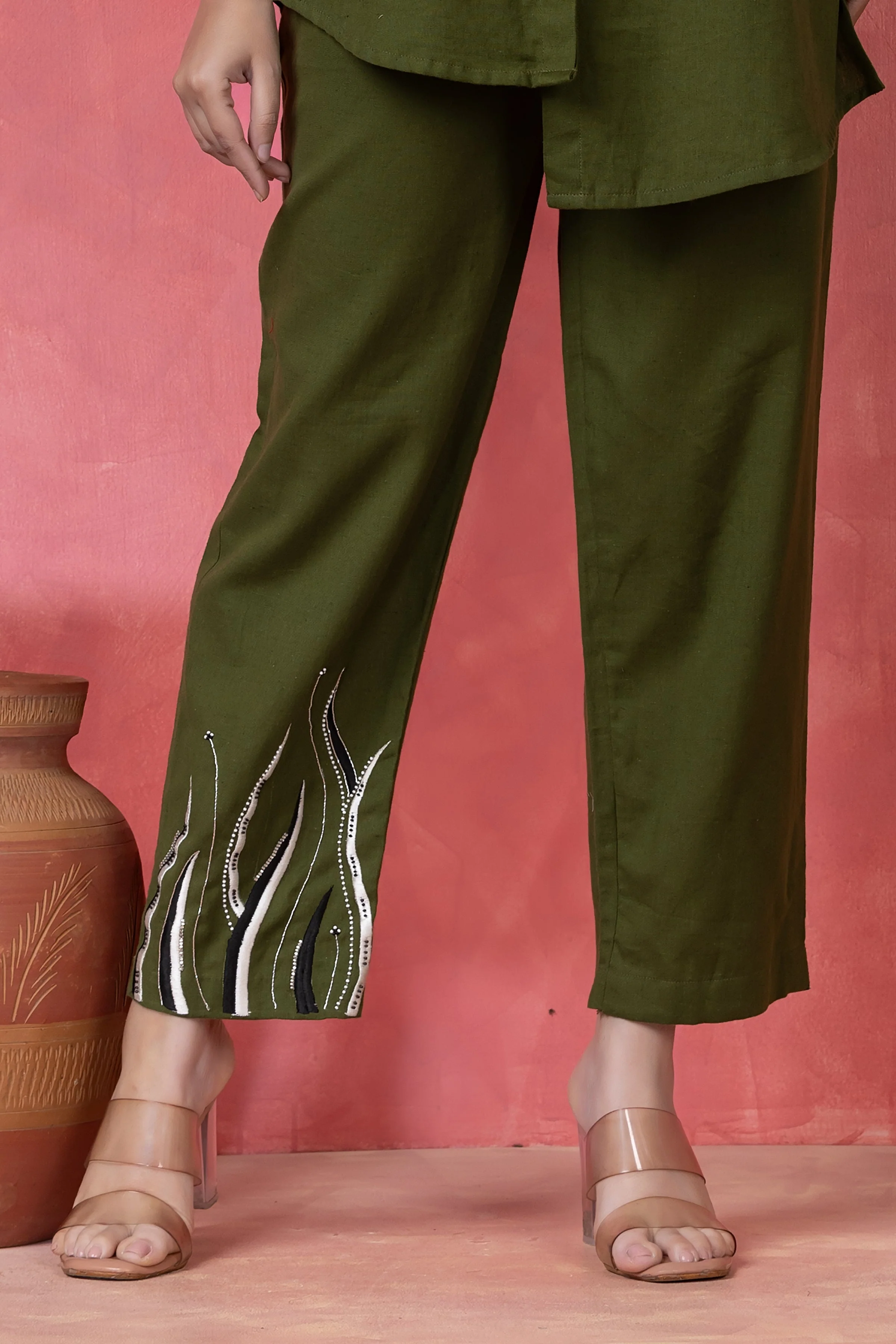 Olive Green Embroidered Cotton Co-Ord Set - Image 4