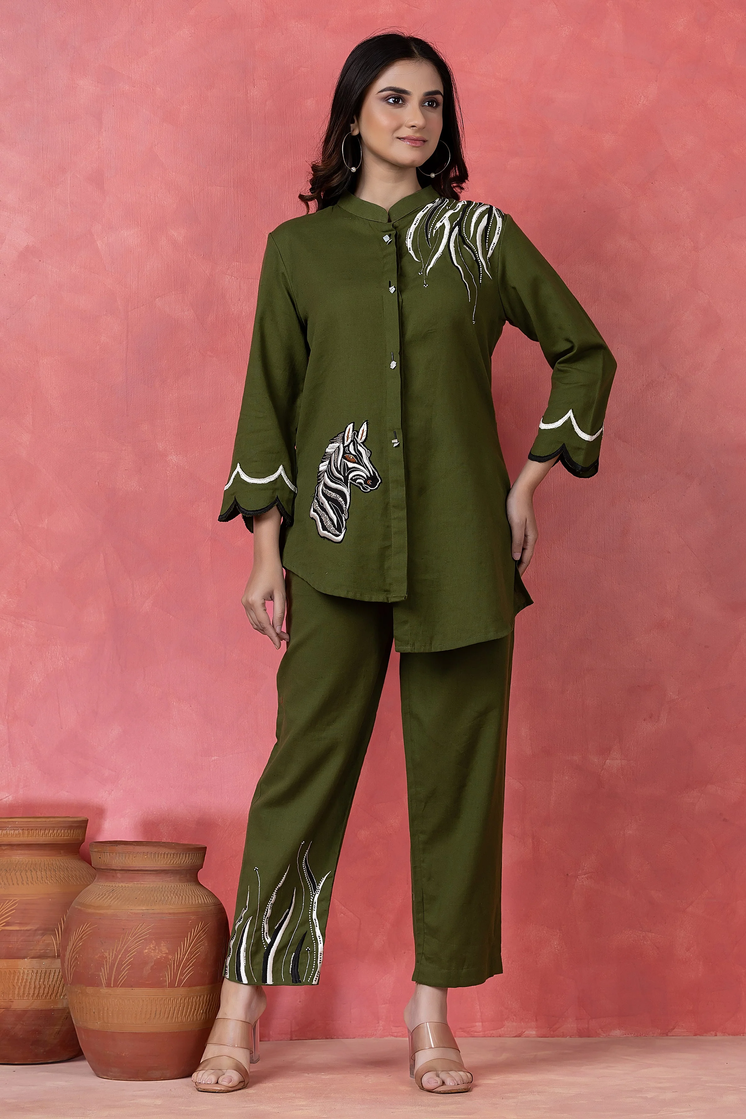 Olive Green Embroidered Cotton Co-Ord Set - Image 5