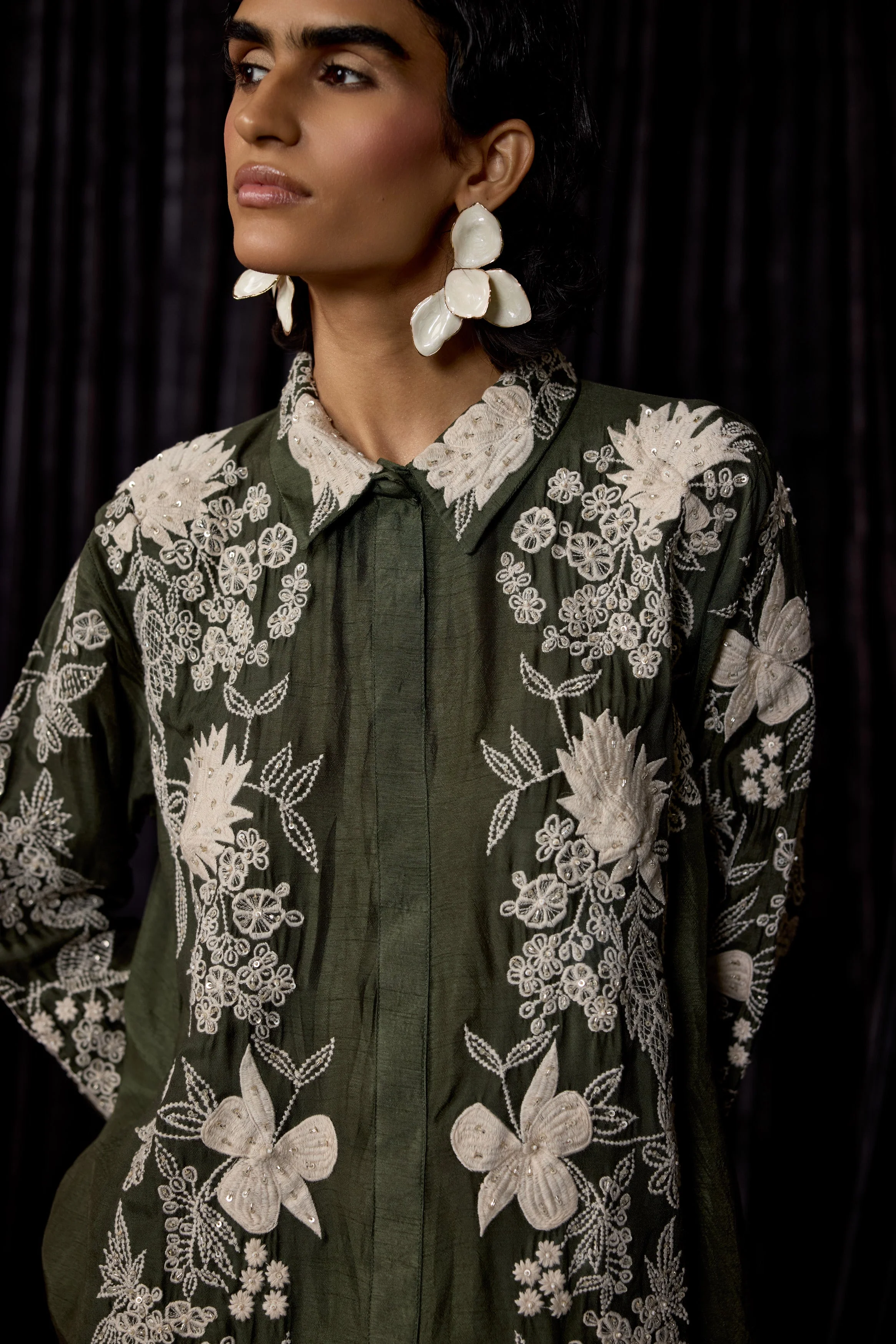 Olive Green Embroidered Raw Silk Co-Ord Set - Image 2