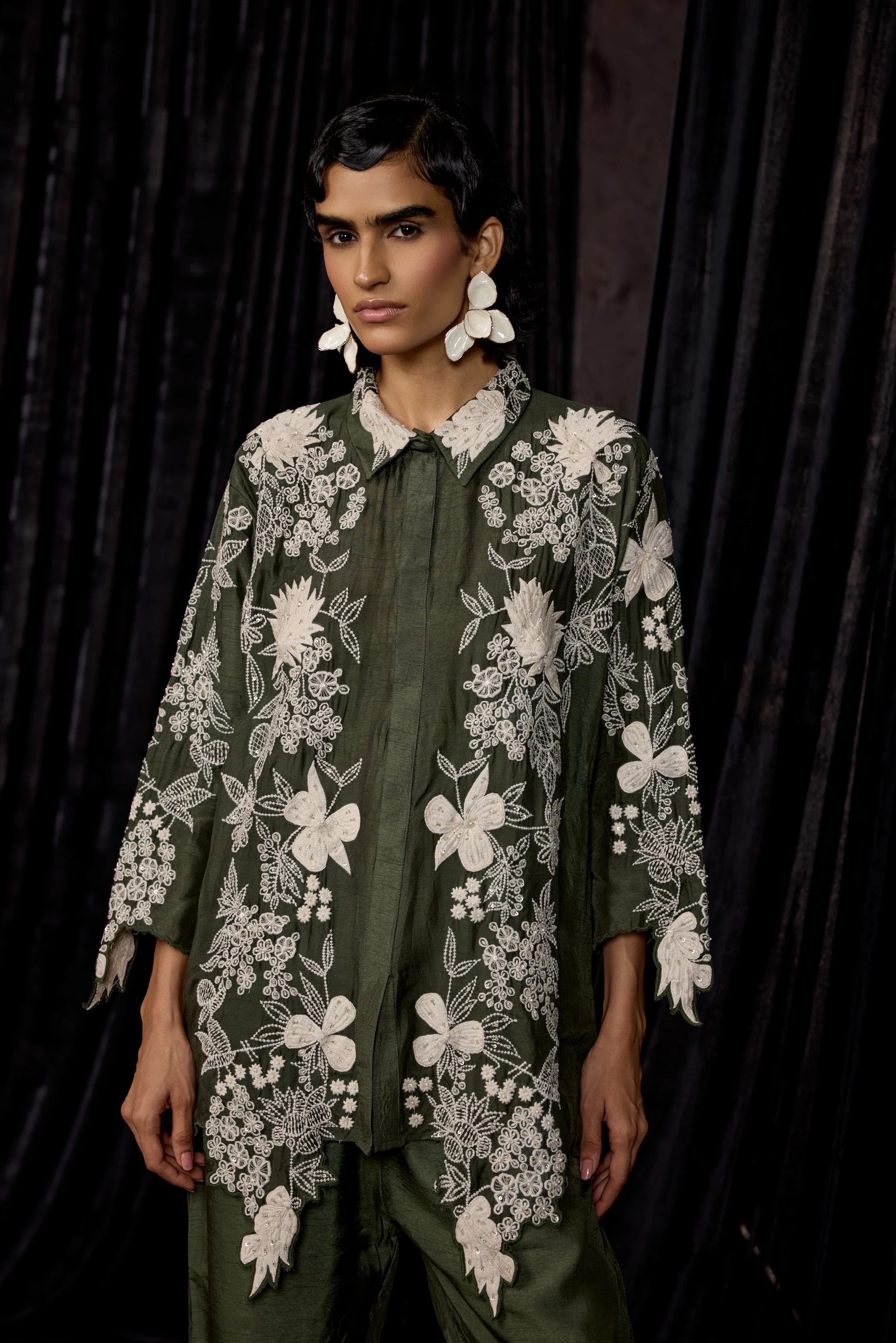 Olive Green Embroidered Raw Silk Co-Ord Set - Image 3