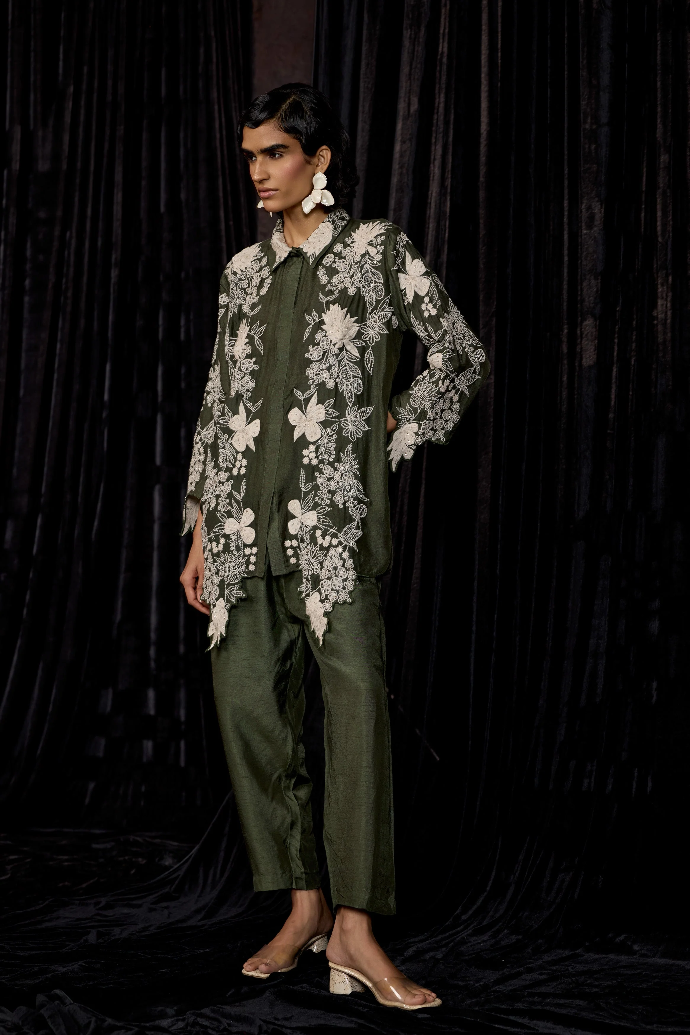 Olive Green Embroidered Raw Silk Co-Ord Set - Image 4