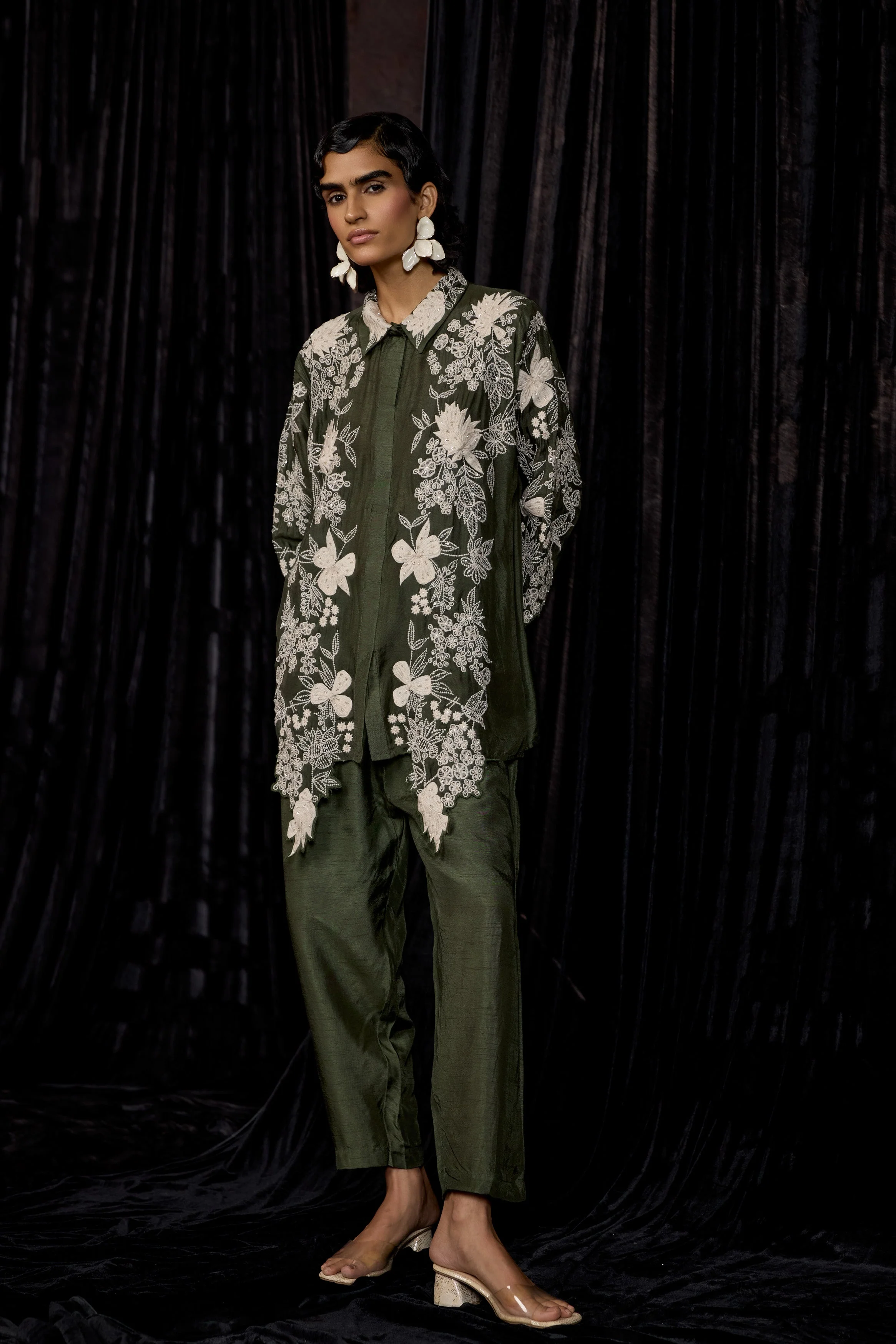 Olive Green Embroidered Raw Silk Co-Ord Set - Image 5