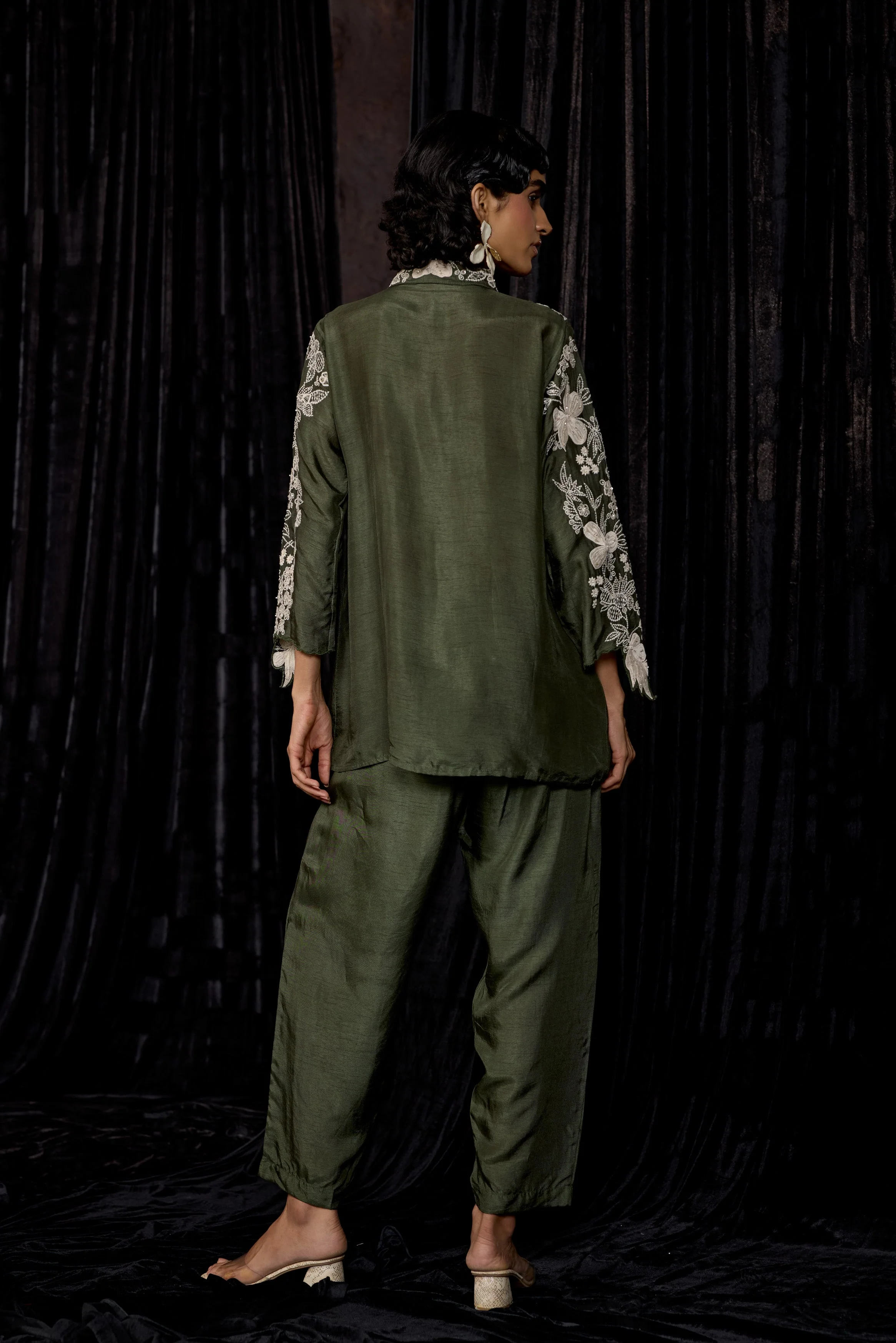 Olive Green Embroidered Raw Silk Co-Ord Set - Image 6