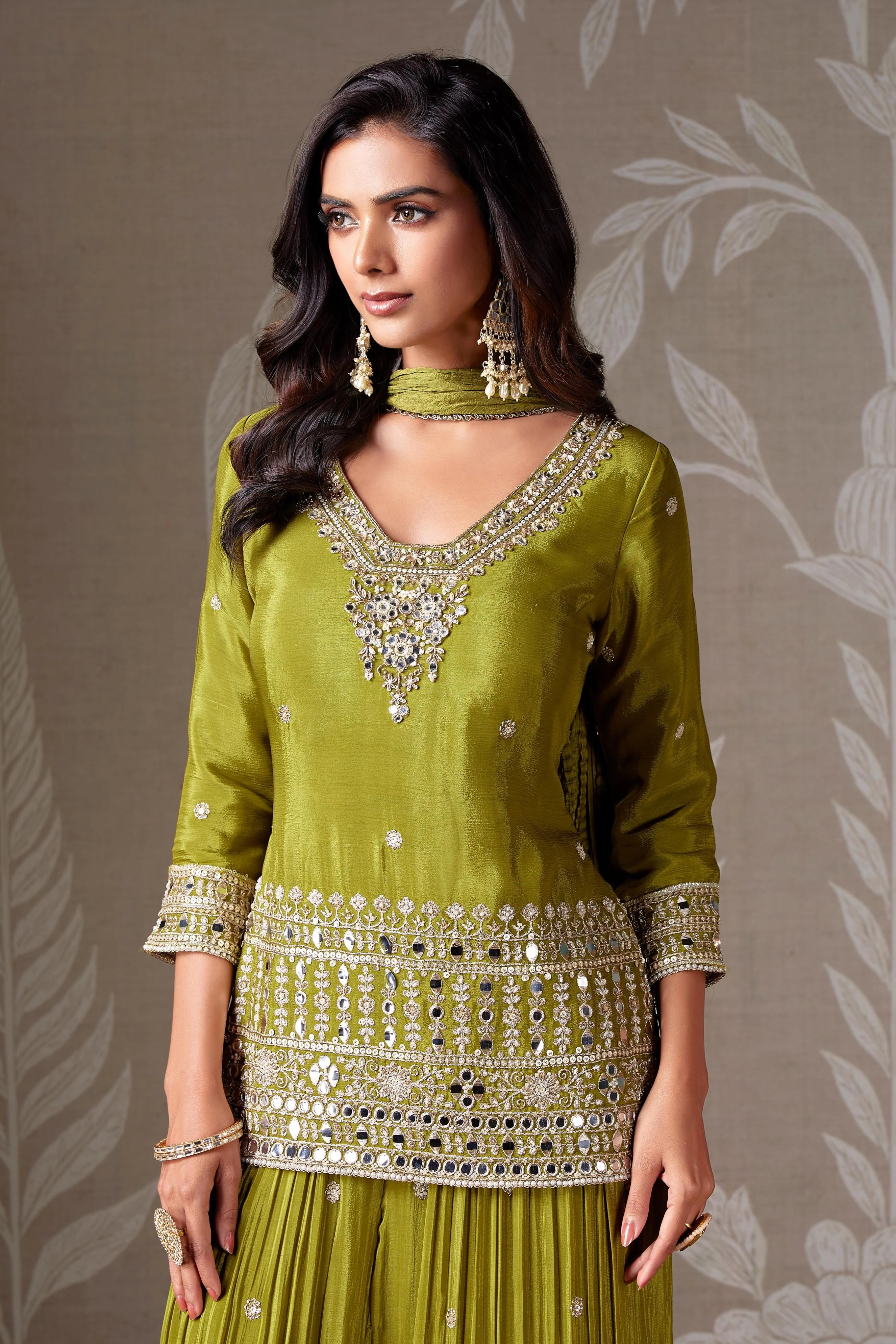 Olive Green Mirror Embellished Sharara Set - Image 2