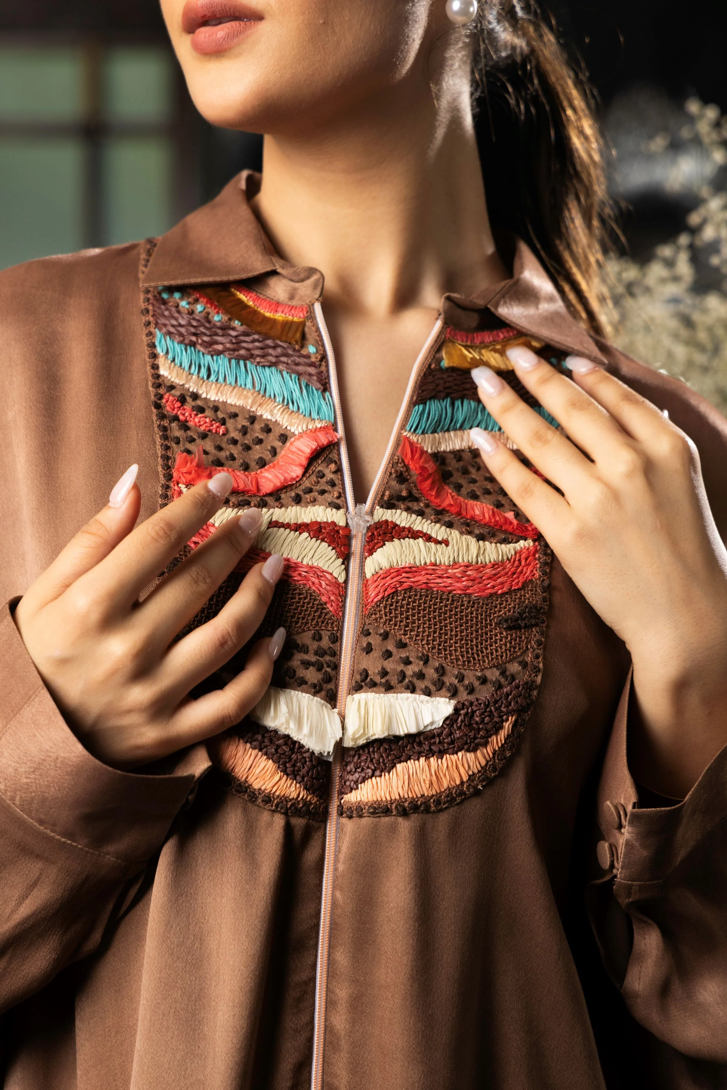 Mocha Brown Satin Silk Embroidered Shirt - Image 2