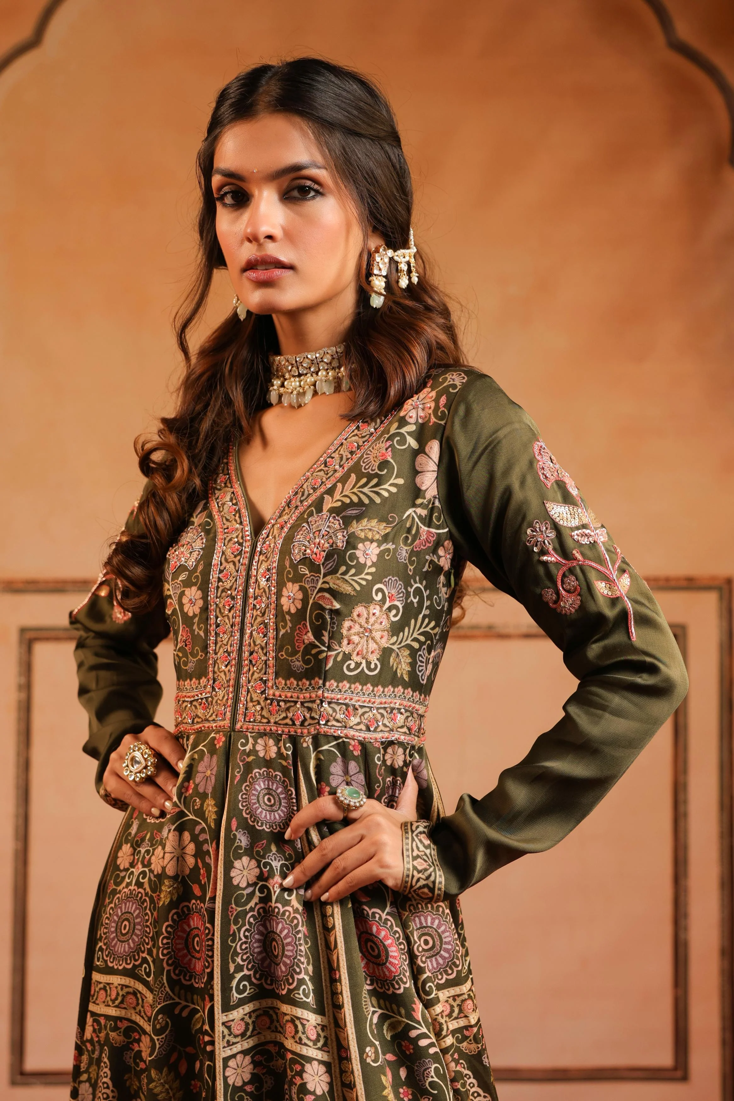 Olive Green Printed Linen Satin Silk Anarkali Set - Image 2