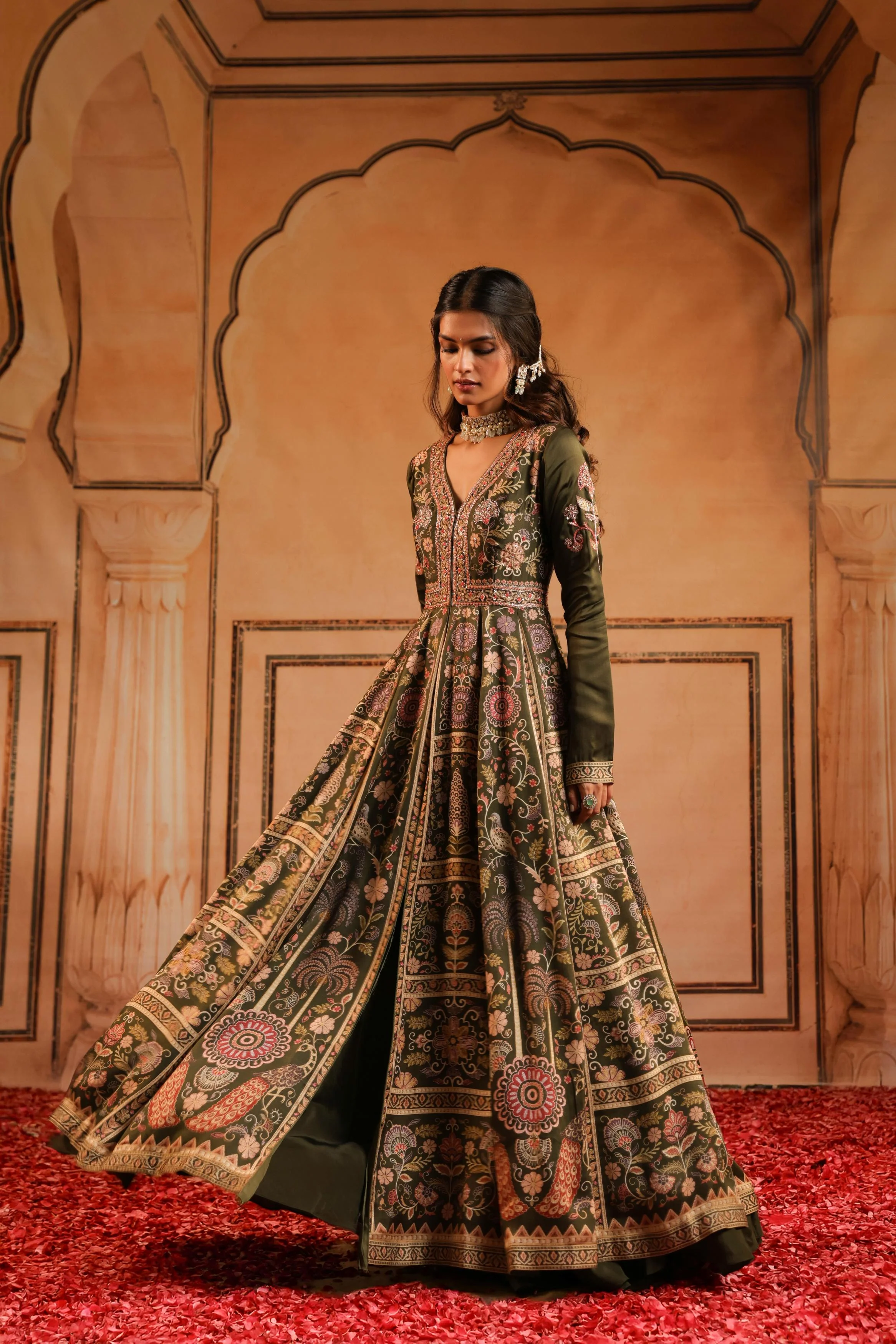 Olive Green Printed Linen Satin Silk Anarkali Set - Image 3