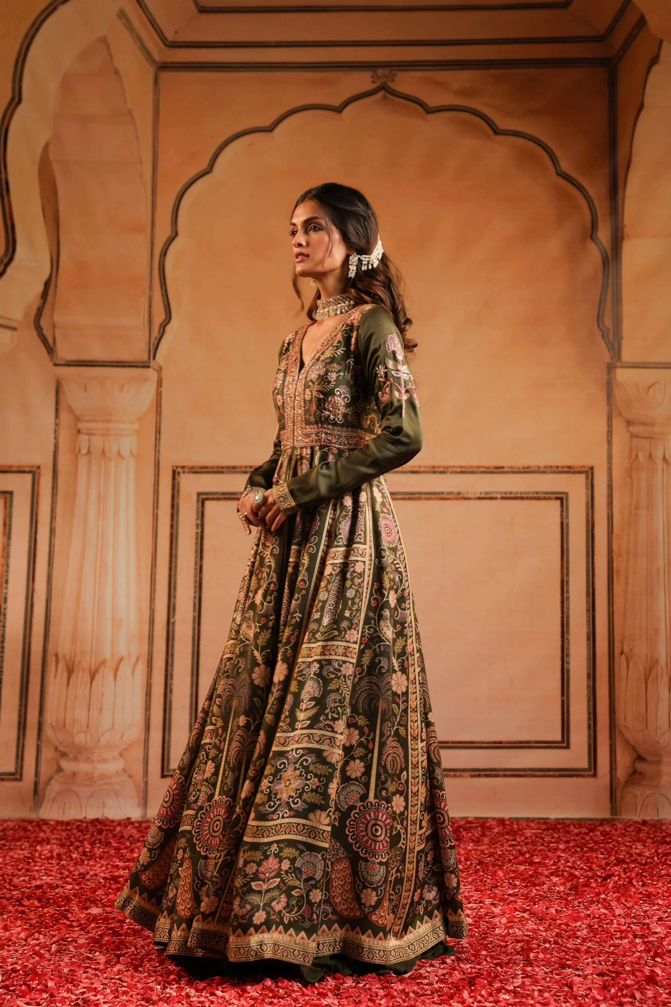 Olive Green Printed Linen Satin Silk Anarkali Set - Image 4