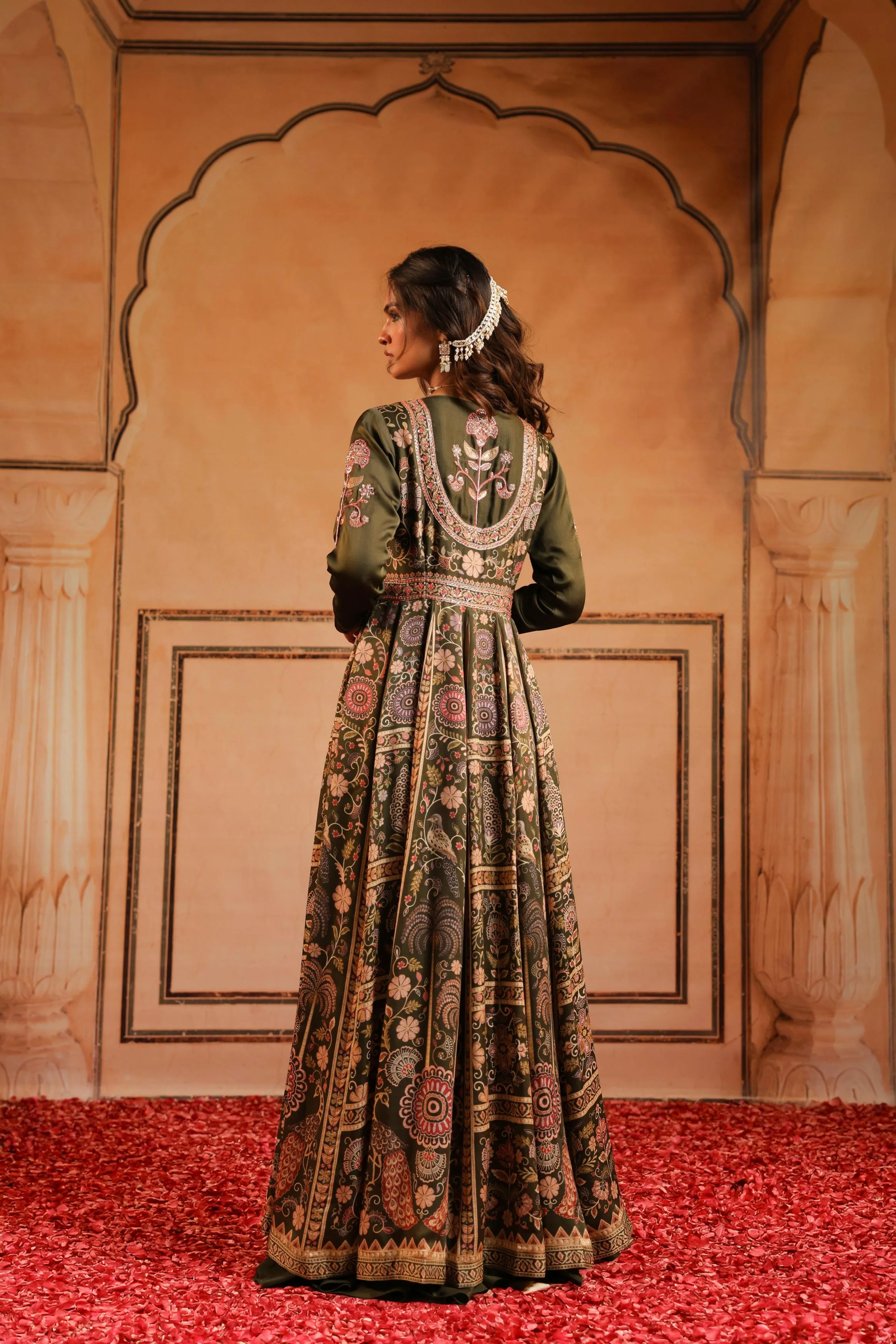 Olive Green Printed Linen Satin Silk Anarkali Set - Image 5