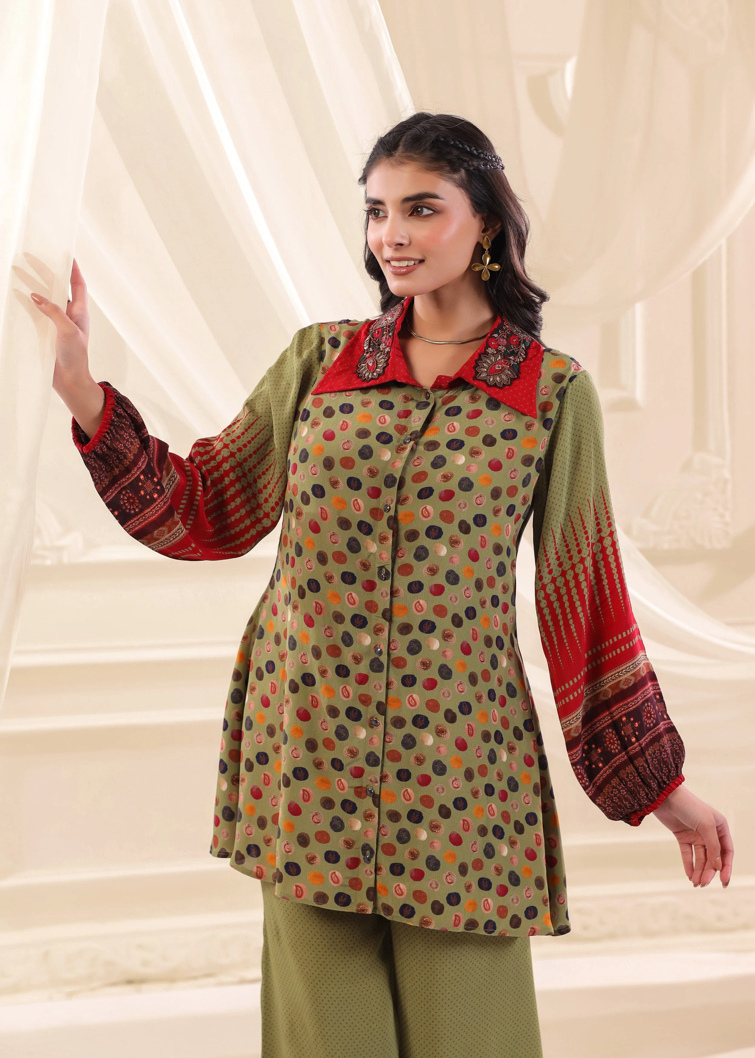 Olive Green Printed Crepe Silk Co-Ord Set - Image 2