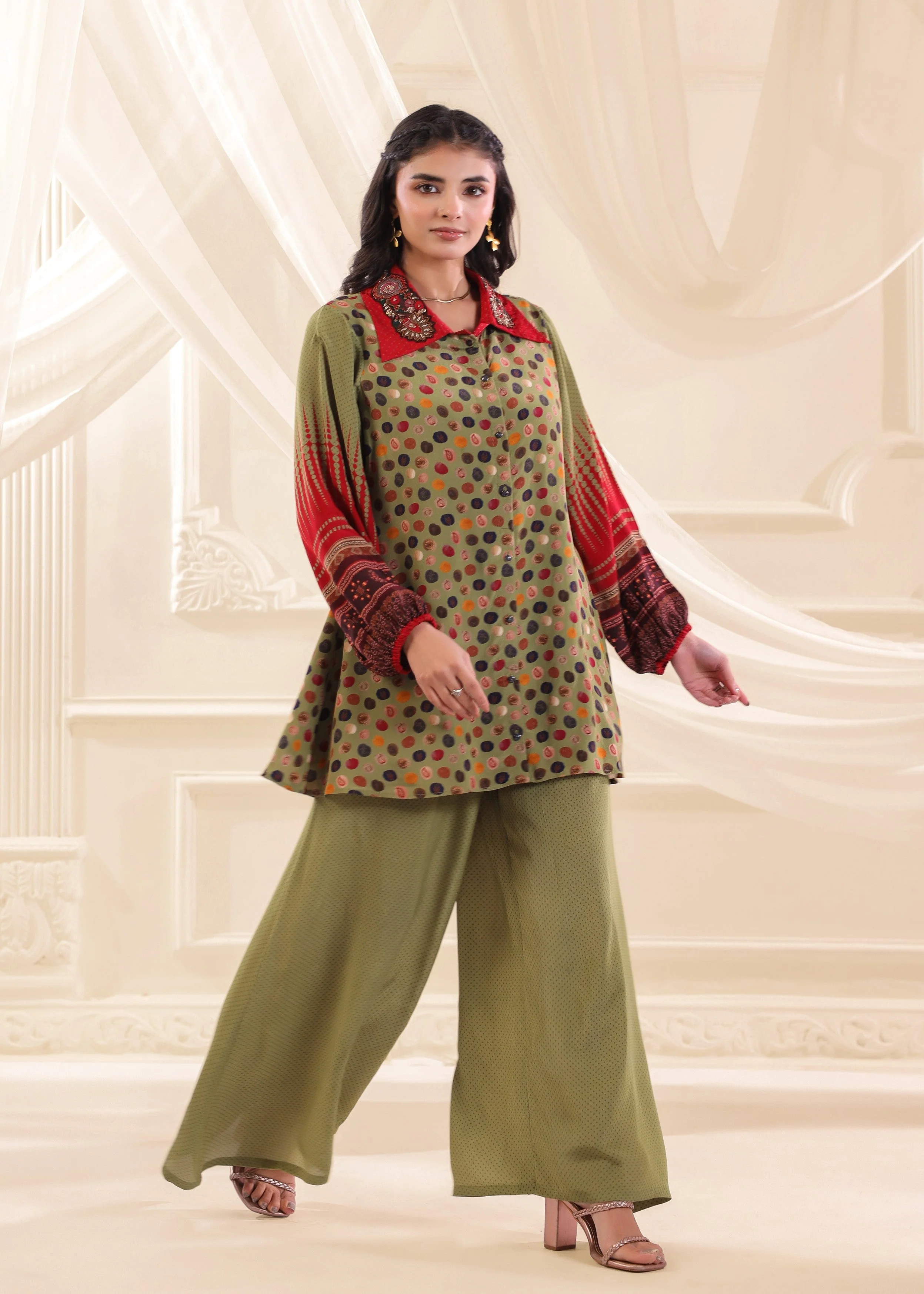 Olive Green Printed Crepe Silk Co-Ord Set - Image 3