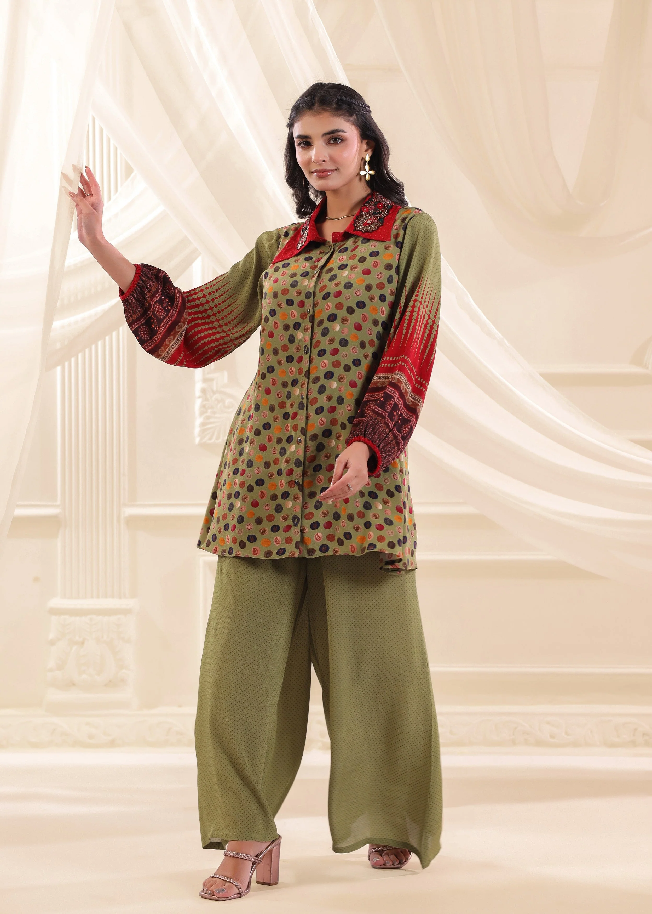 Olive Green Printed Crepe Silk Co-Ord Set - Image 4