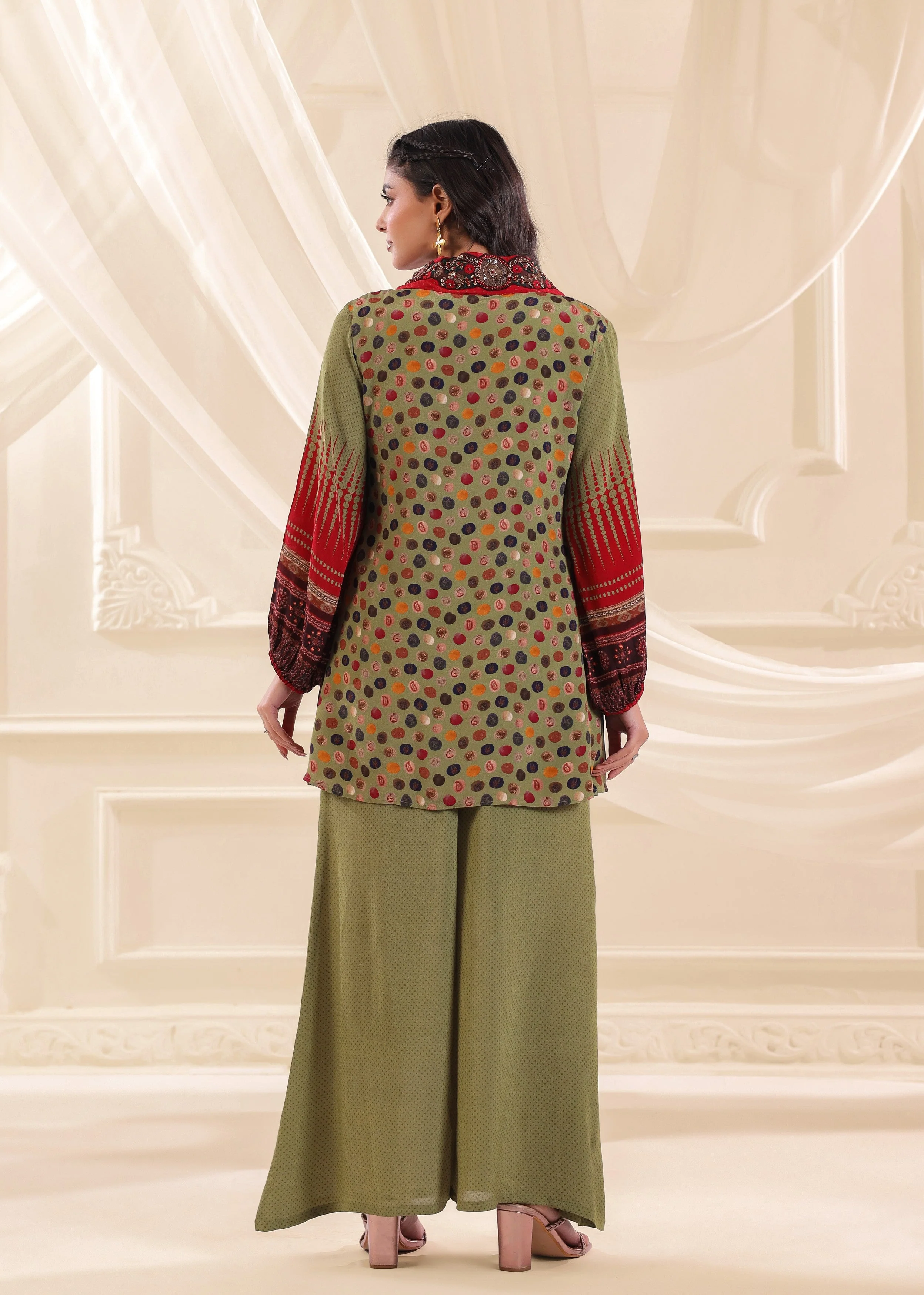 Olive Green Printed Crepe Silk Co-Ord Set - Image 5