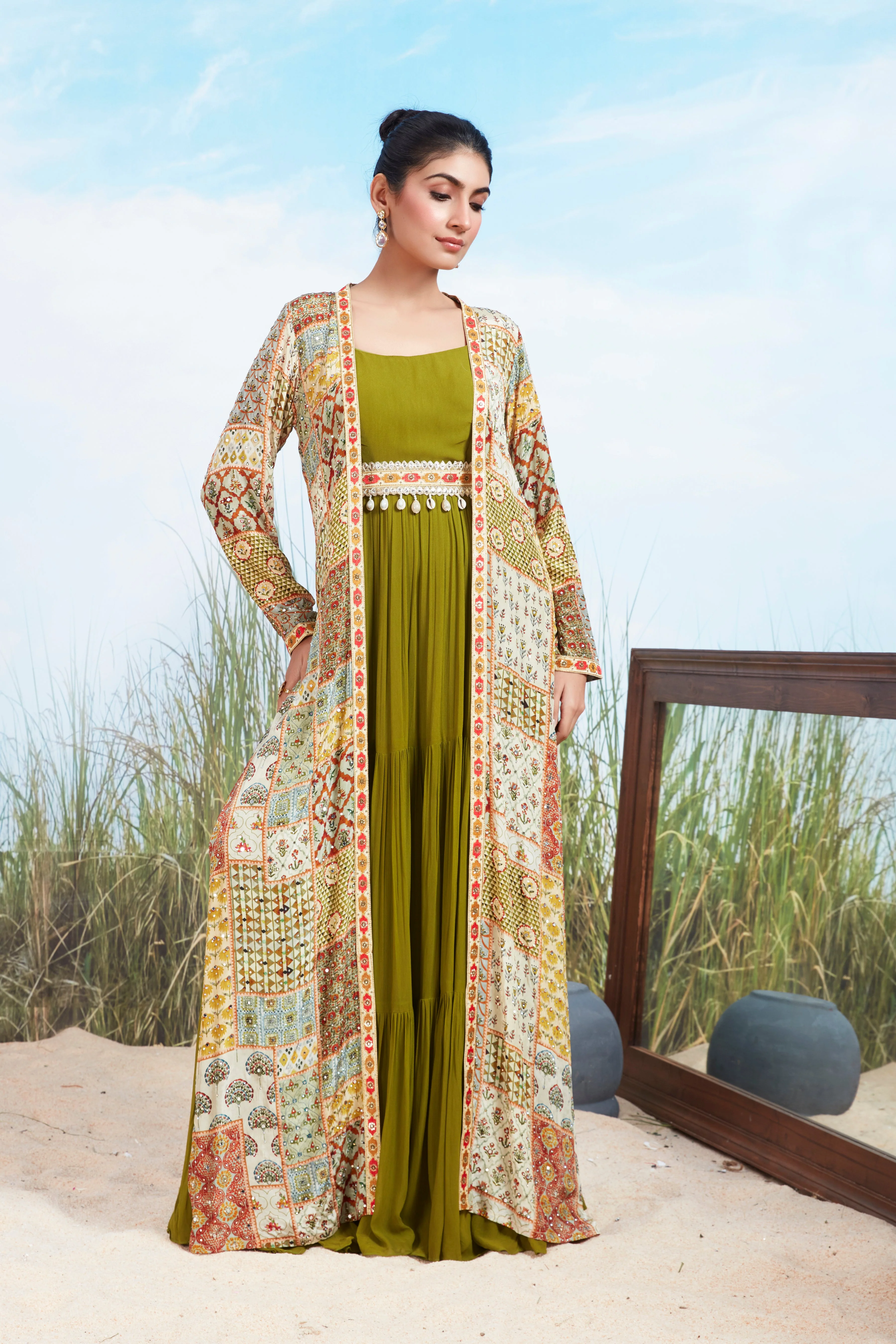 Olive Green Printed Georgette Silk Gown Set - Image 2