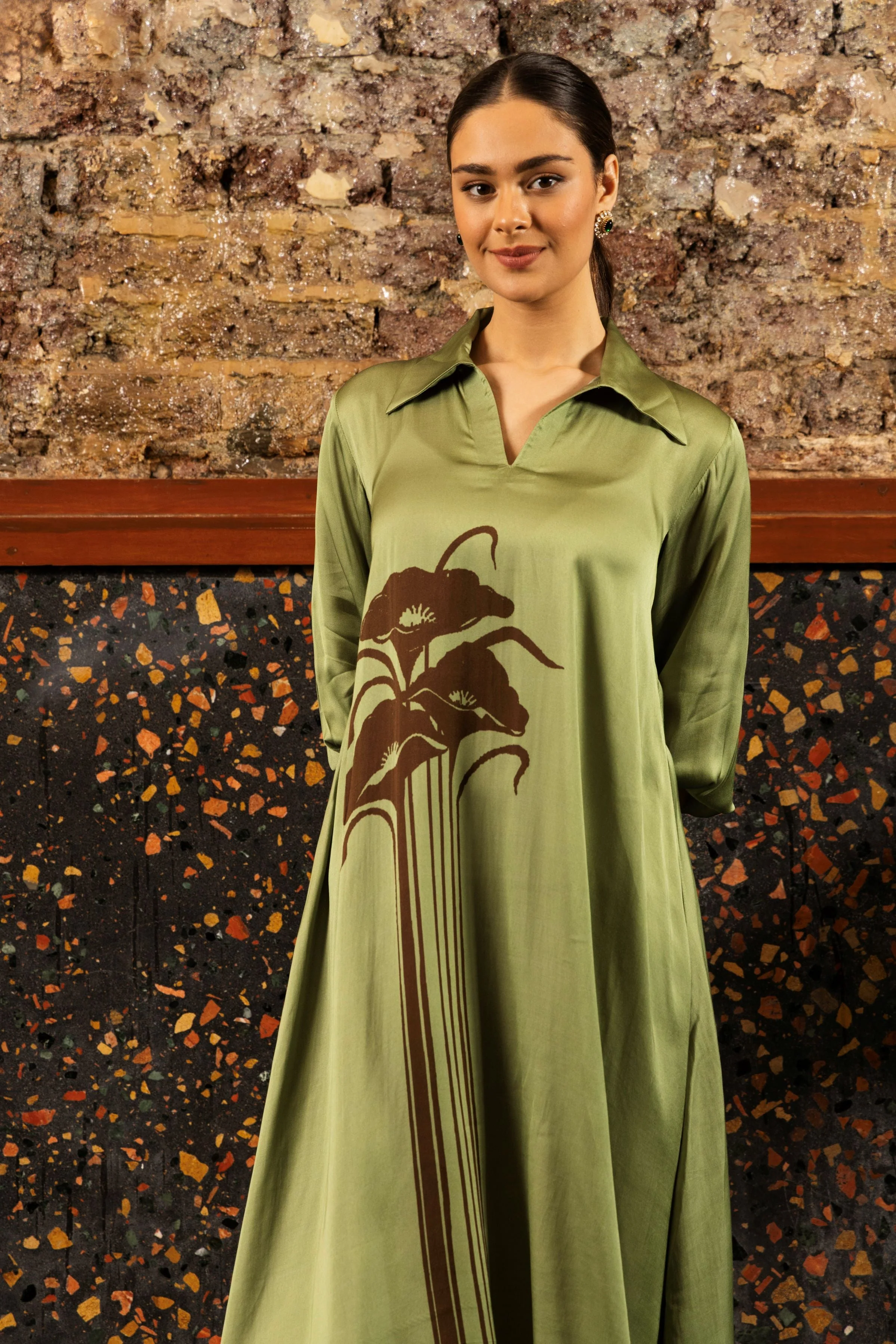 Olive Green Printed Satin Silk Tunic Dress - Image 2