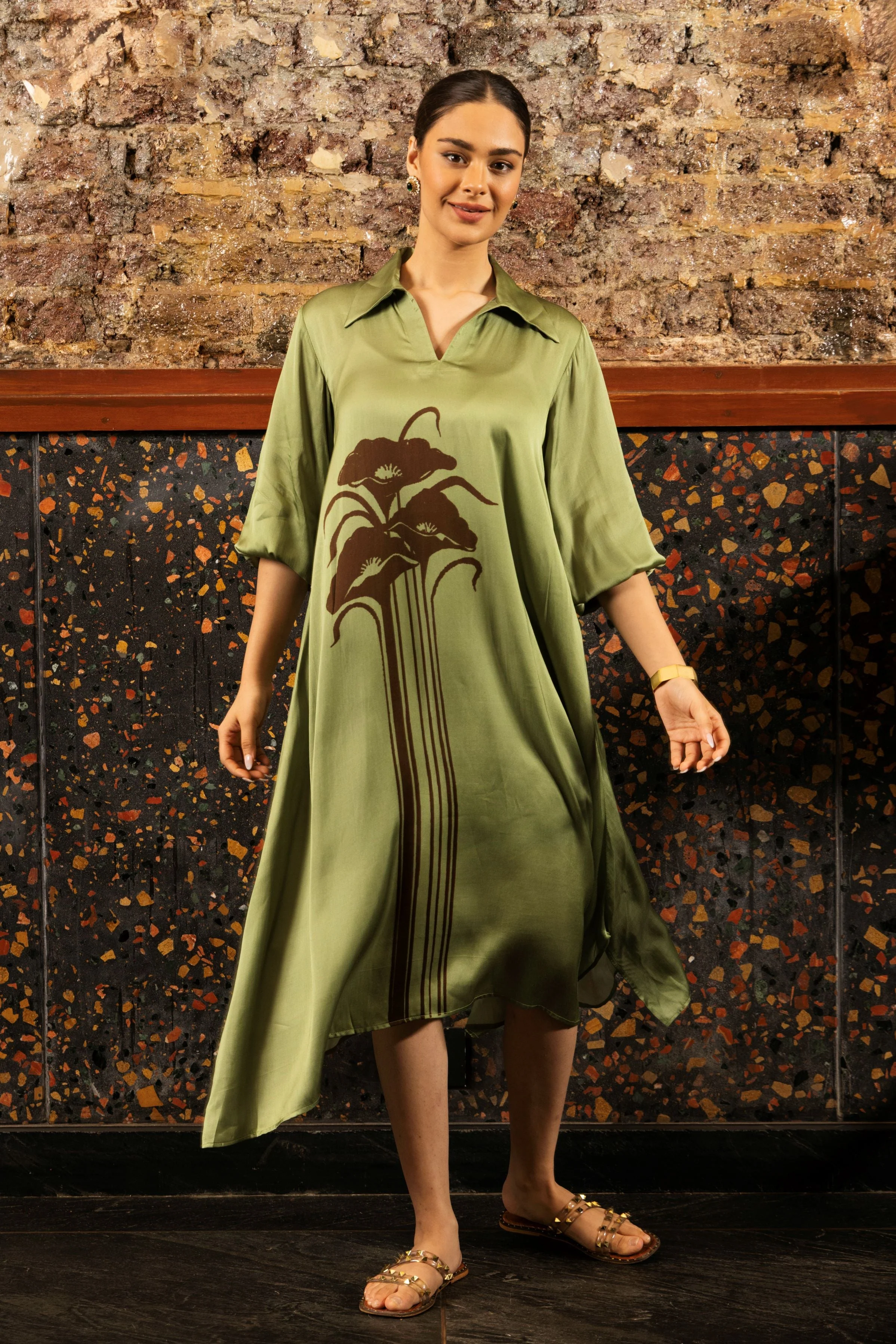 Olive Green Printed Satin Silk Tunic Dress - Image 3