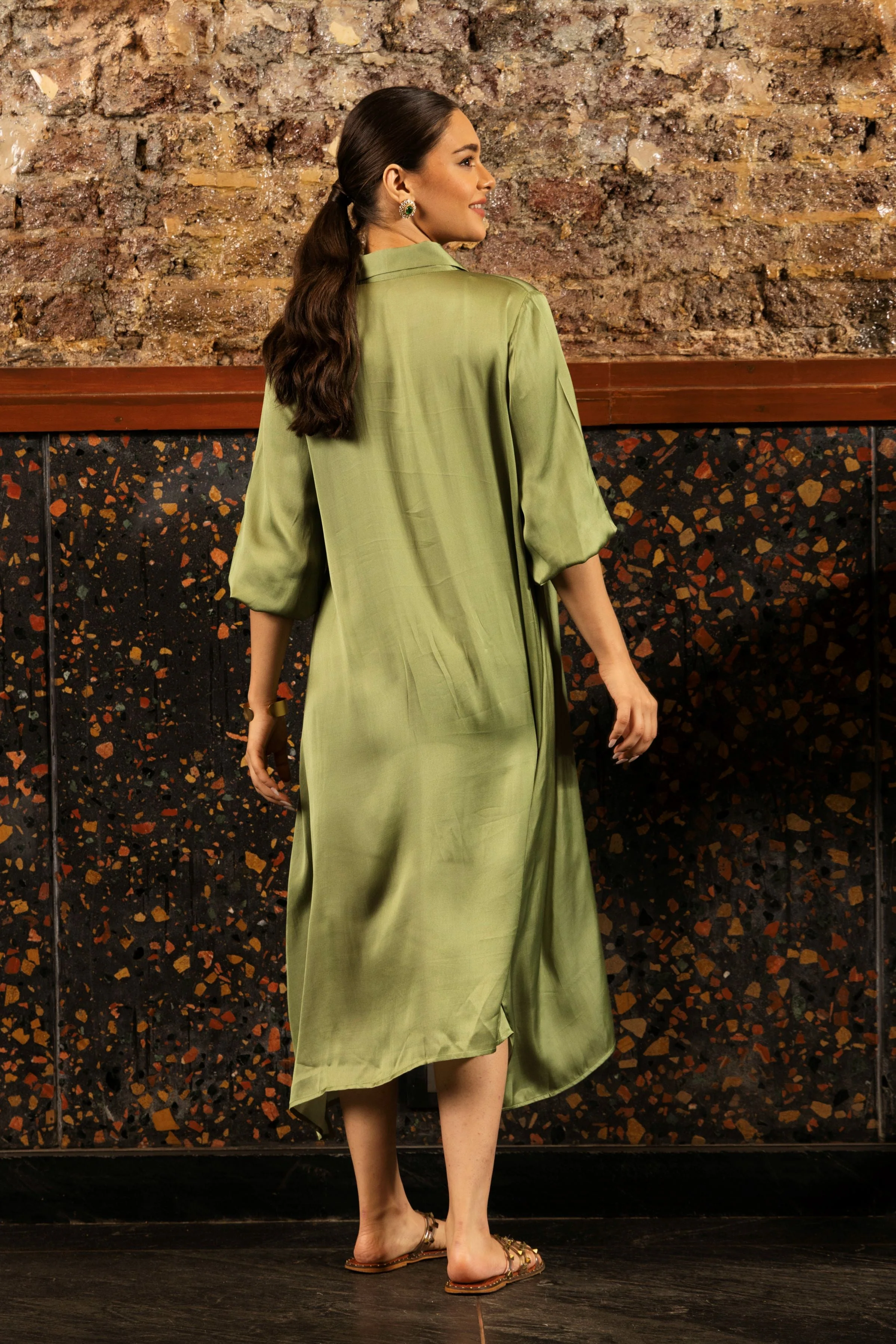 Olive Green Printed Satin Silk Tunic Dress - Image 4