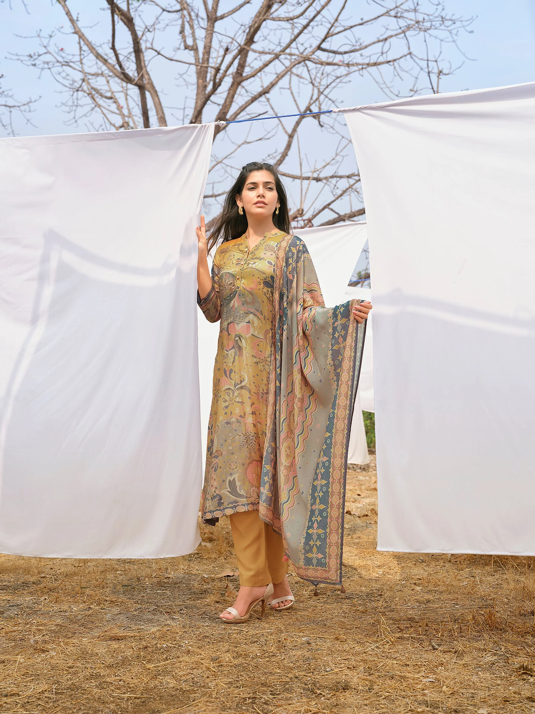 Muted Mustard Botanical Printed Cotton Pant Set