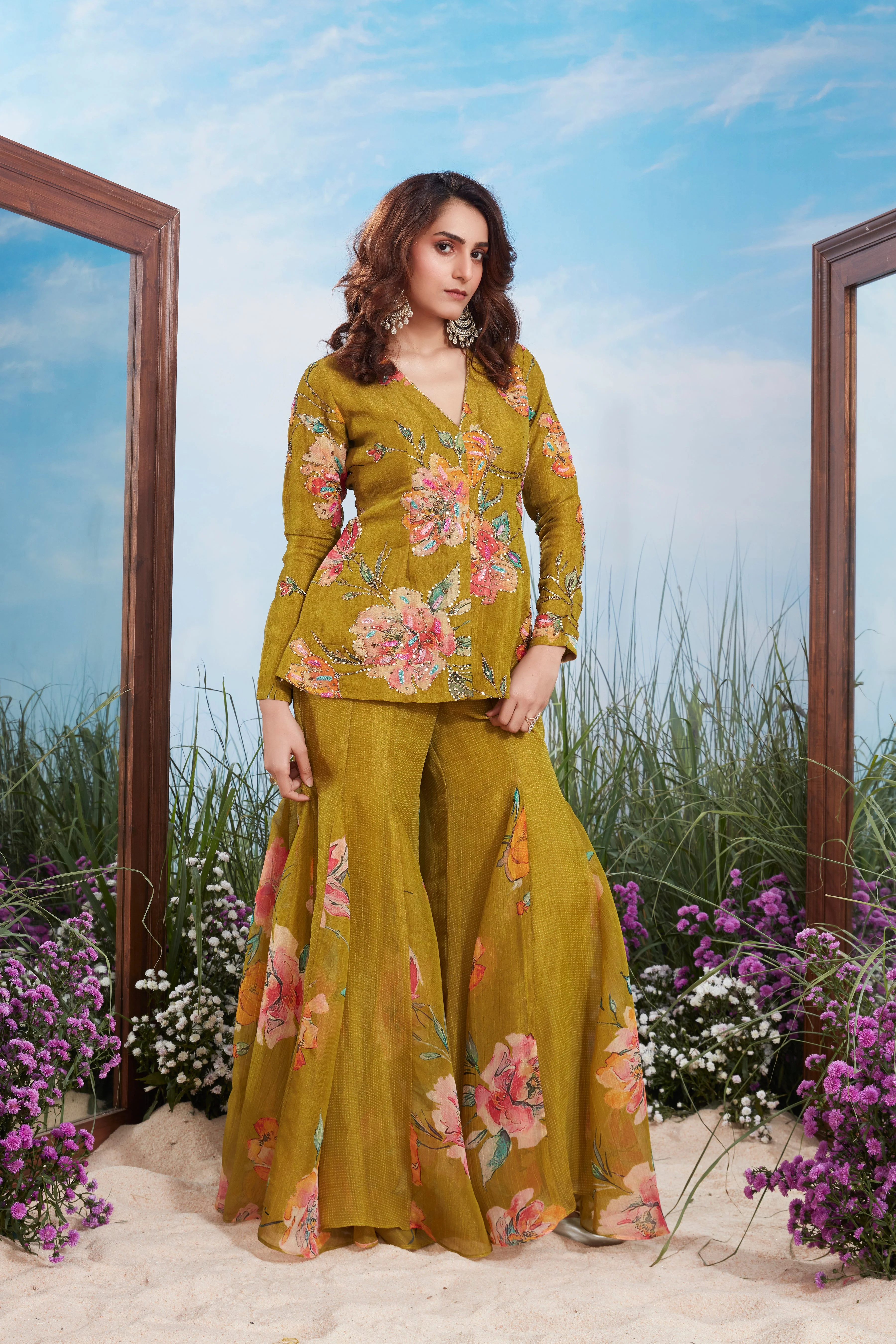 Olive Mustard Embellished Crushed Tissue Silk Sharara Set - Image 2