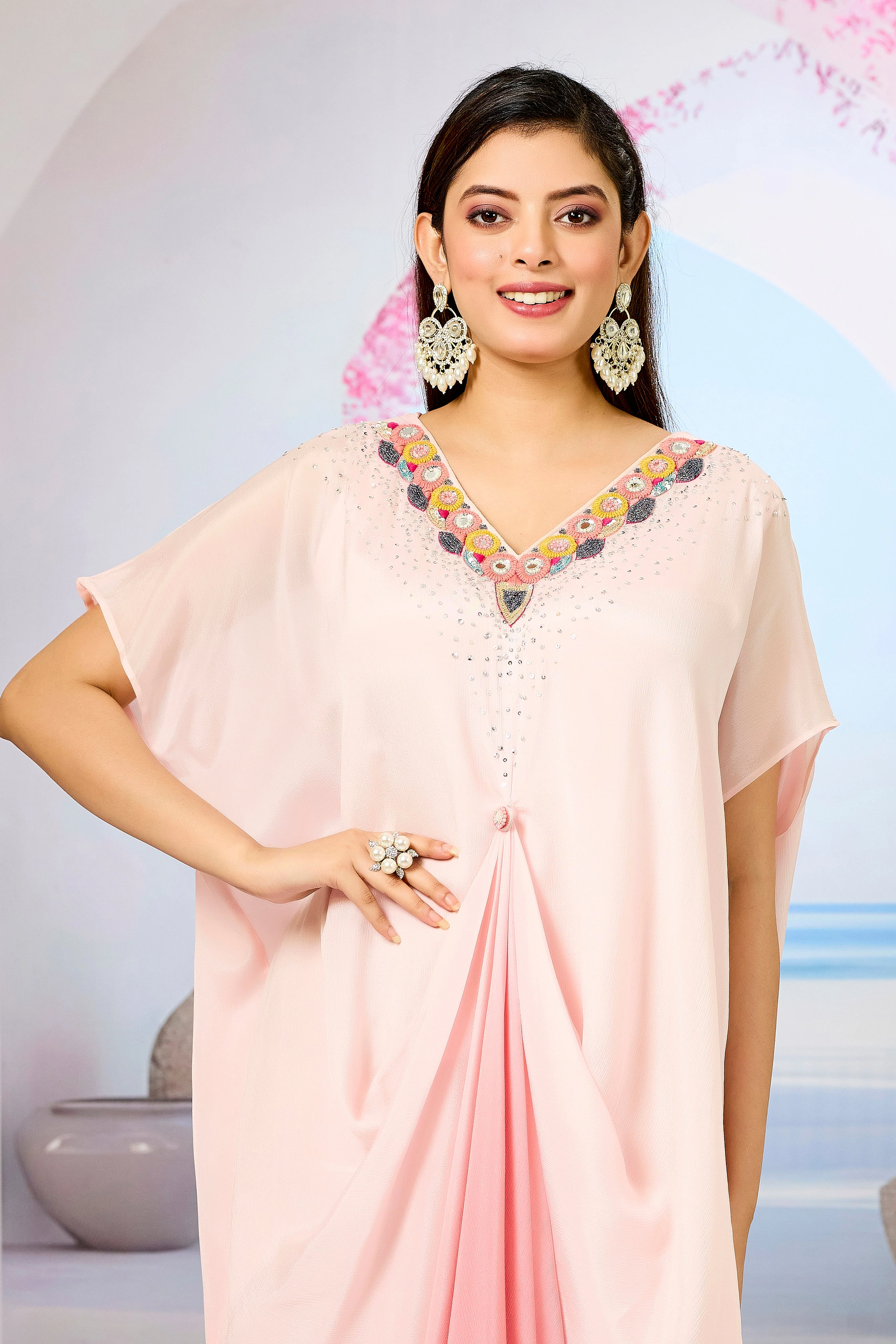 Peach Ombre-Dyed Chinon Silk Kaftan Gown - Image 2